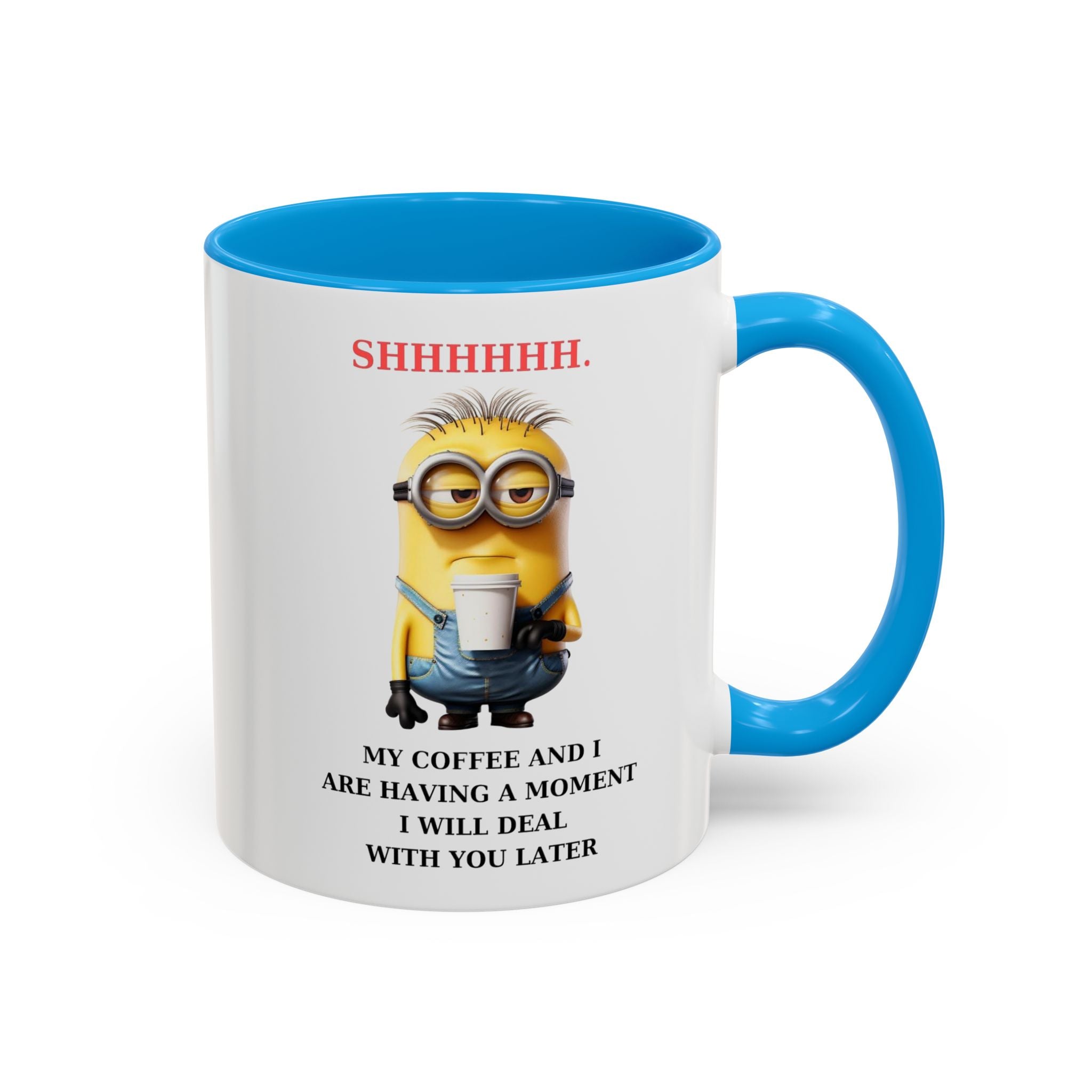 Funny Minion SHHHHHHH Two-Tone Coffee Mug, Novelty Cup, Cute Gift for Introverts, Office Humor, Sarcastic Statement, 11oz, Gift for Minion