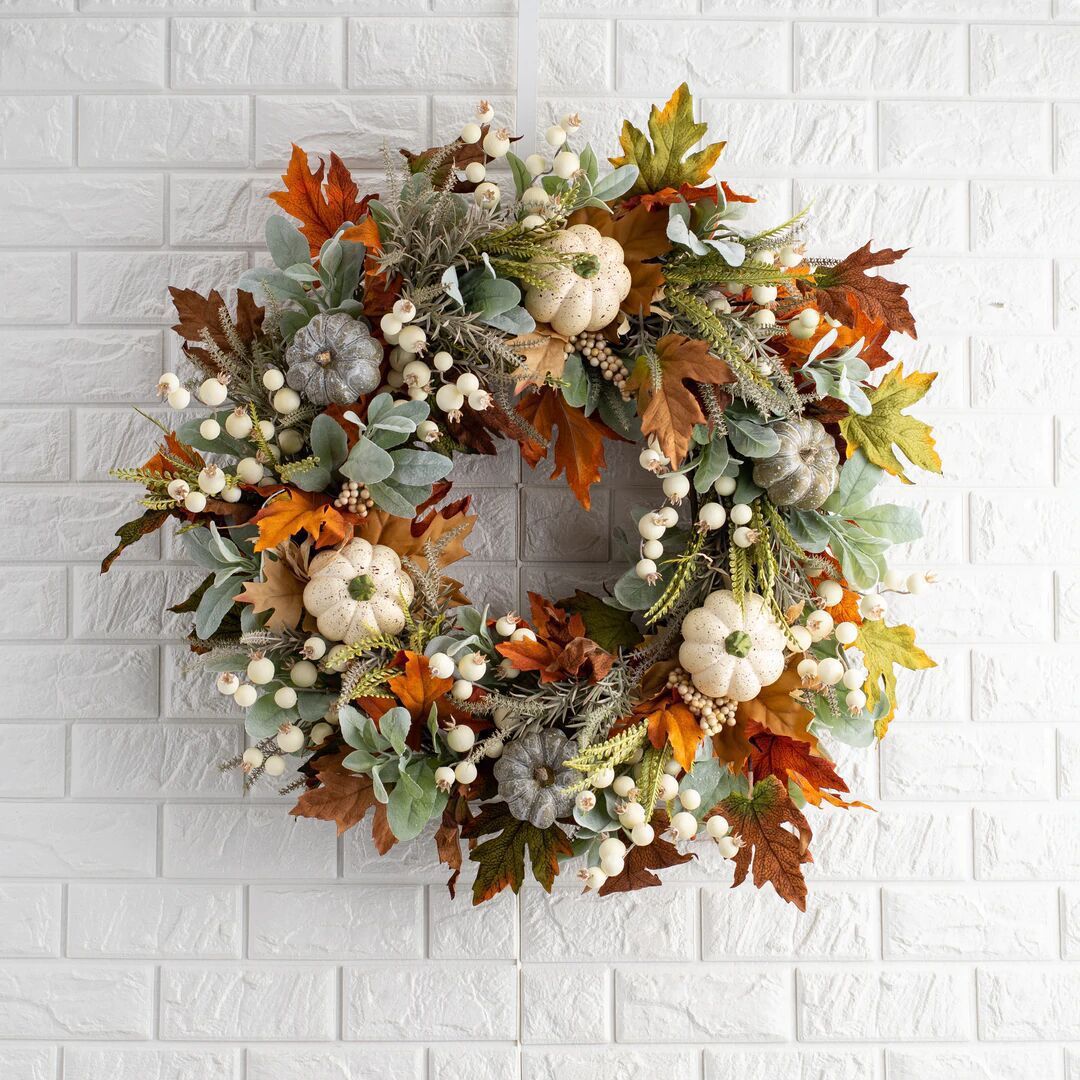 Pumpkin Rattan Wreath – Fall Harvest Door Décor | Rustic Autumn & Thanksgiving Decoration in 13.8”, 15.7”, or 17.7” Sizes