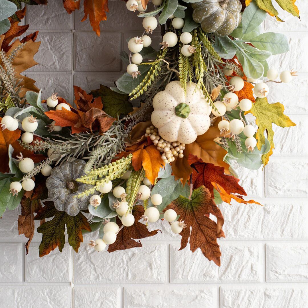 Pumpkin Rattan Wreath – Fall Harvest Door Décor | Rustic Autumn & Thanksgiving Decoration in 13.8”, 15.7”, or 17.7” Sizes
