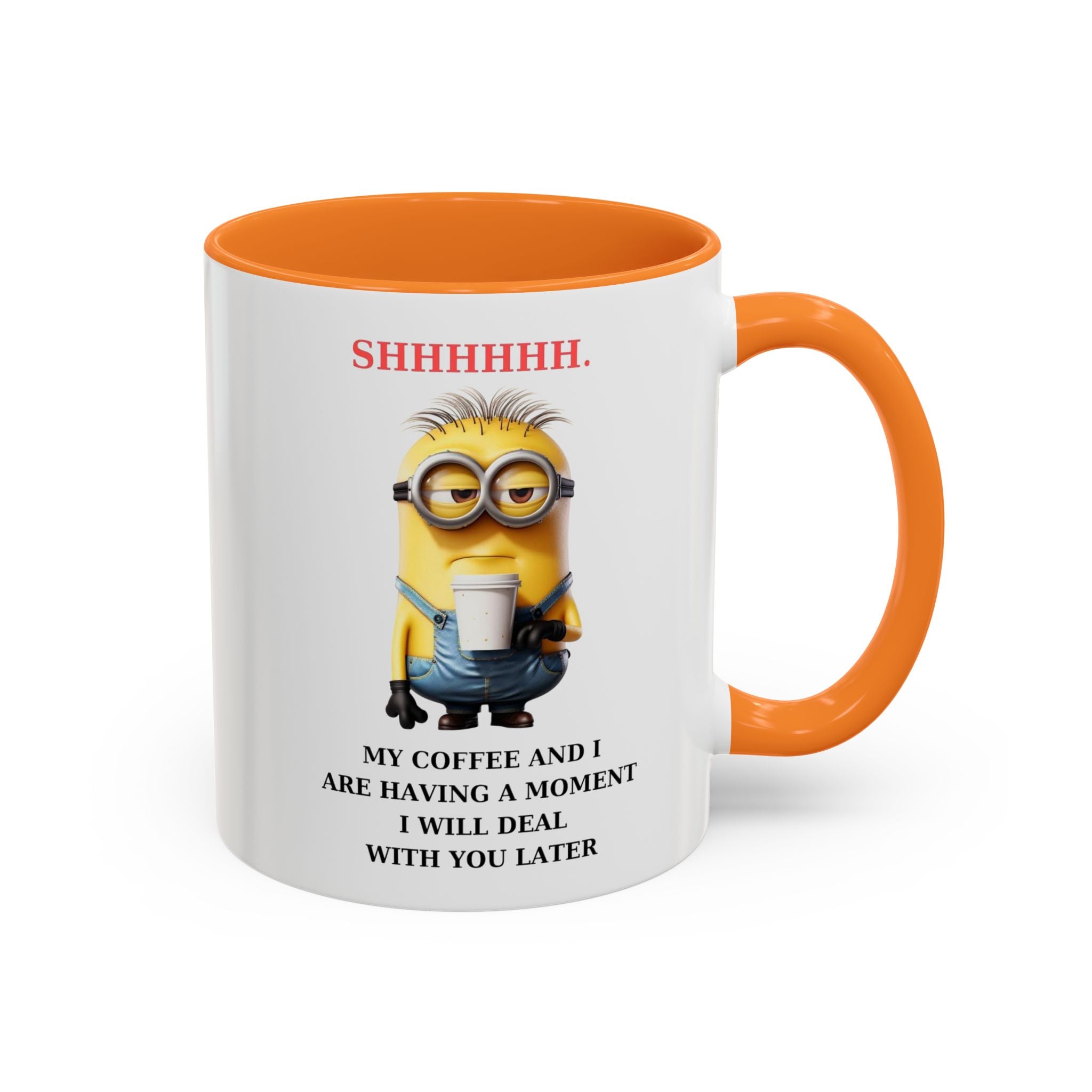 Funny Minion SHHHHHHH Two-Tone Coffee Mug, Novelty Cup, Cute Gift for Introverts, Office Humor, Sarcastic Statement, 11oz, Gift for Minion