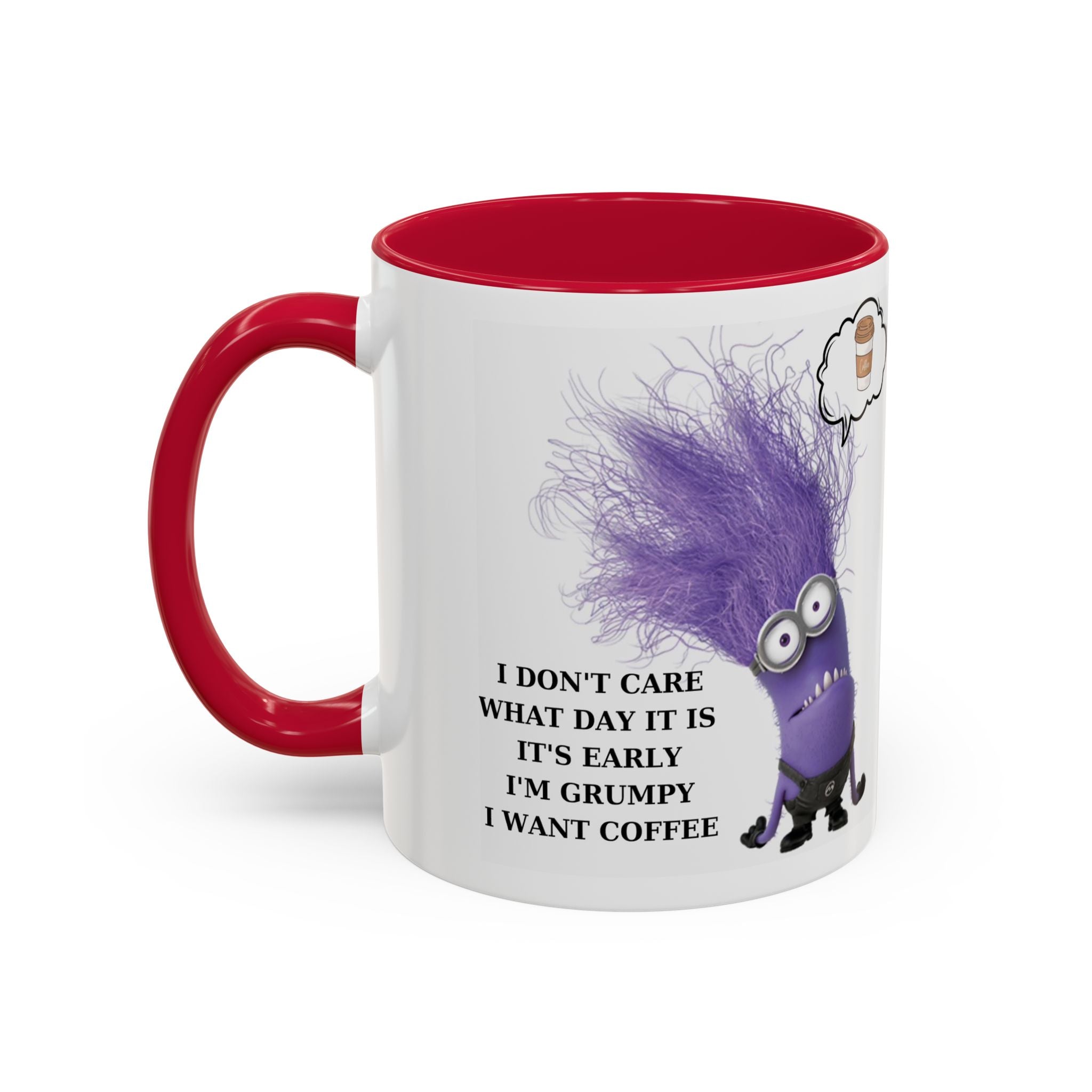 Funny Minion Two-Tone Coffee Mug, 11oz - I Don't Care What Day It Is, Funny Coffee Lover Gift, Grumpy Mug, Office Humor, Sarcastic Mug, Gift
