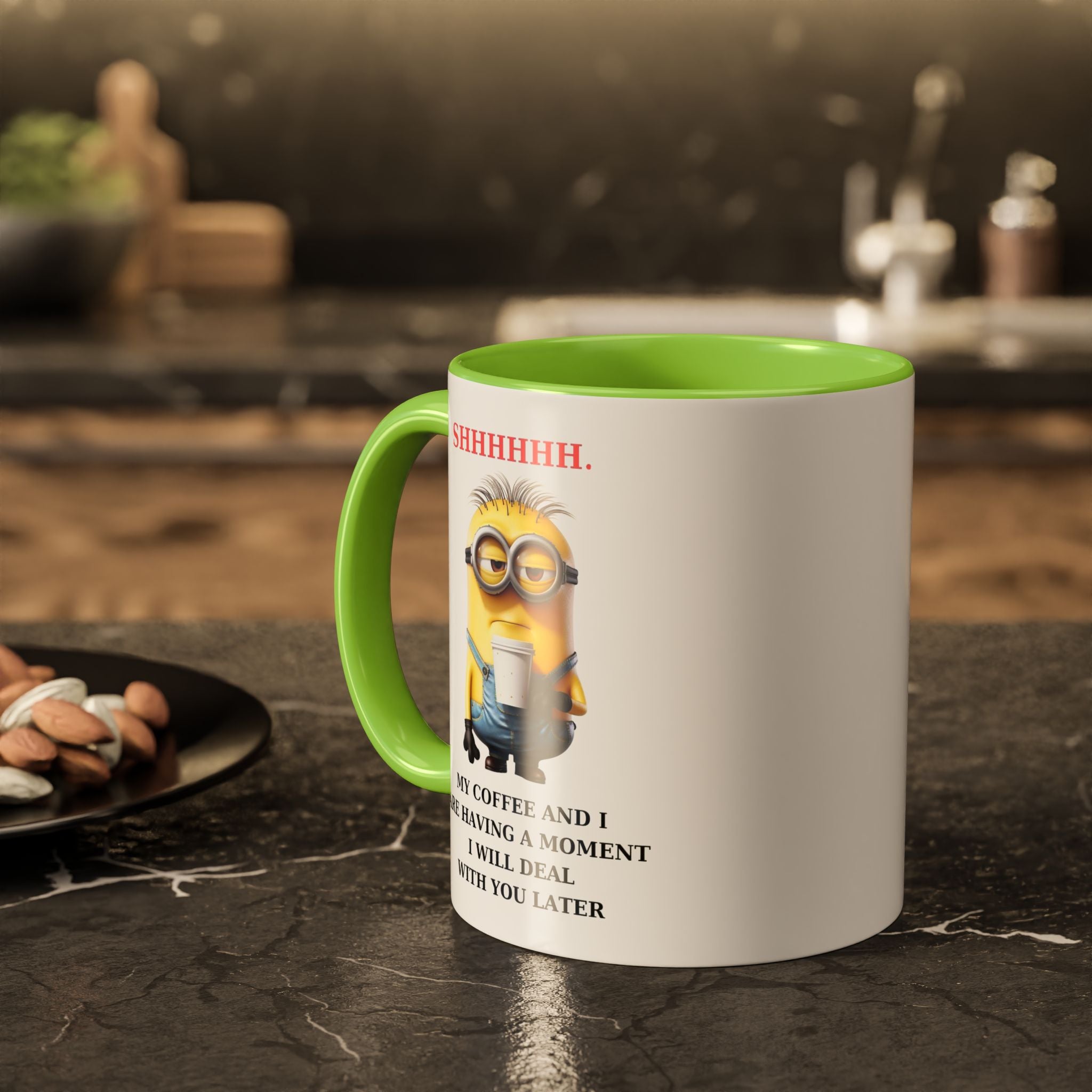 Funny Minion SHHHHHHH Two-Tone Coffee Mug, Novelty Cup, Cute Gift for Introverts, Office Humor, Sarcastic Statement, 11oz, Gift for Minion