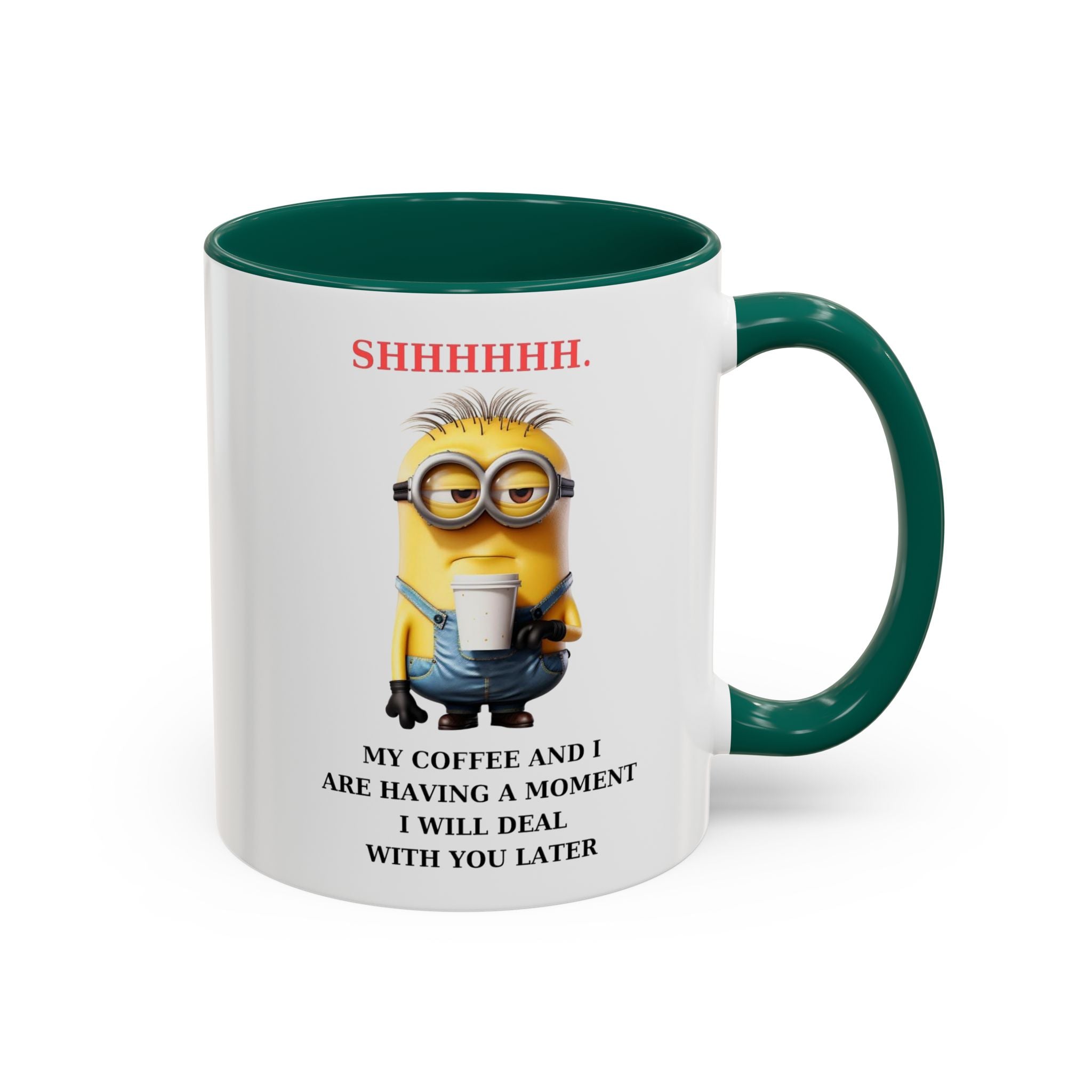 Funny Minion SHHHHHHH Two-Tone Coffee Mug, Novelty Cup, Cute Gift for Introverts, Office Humor, Sarcastic Statement, 11oz, Gift for Minion