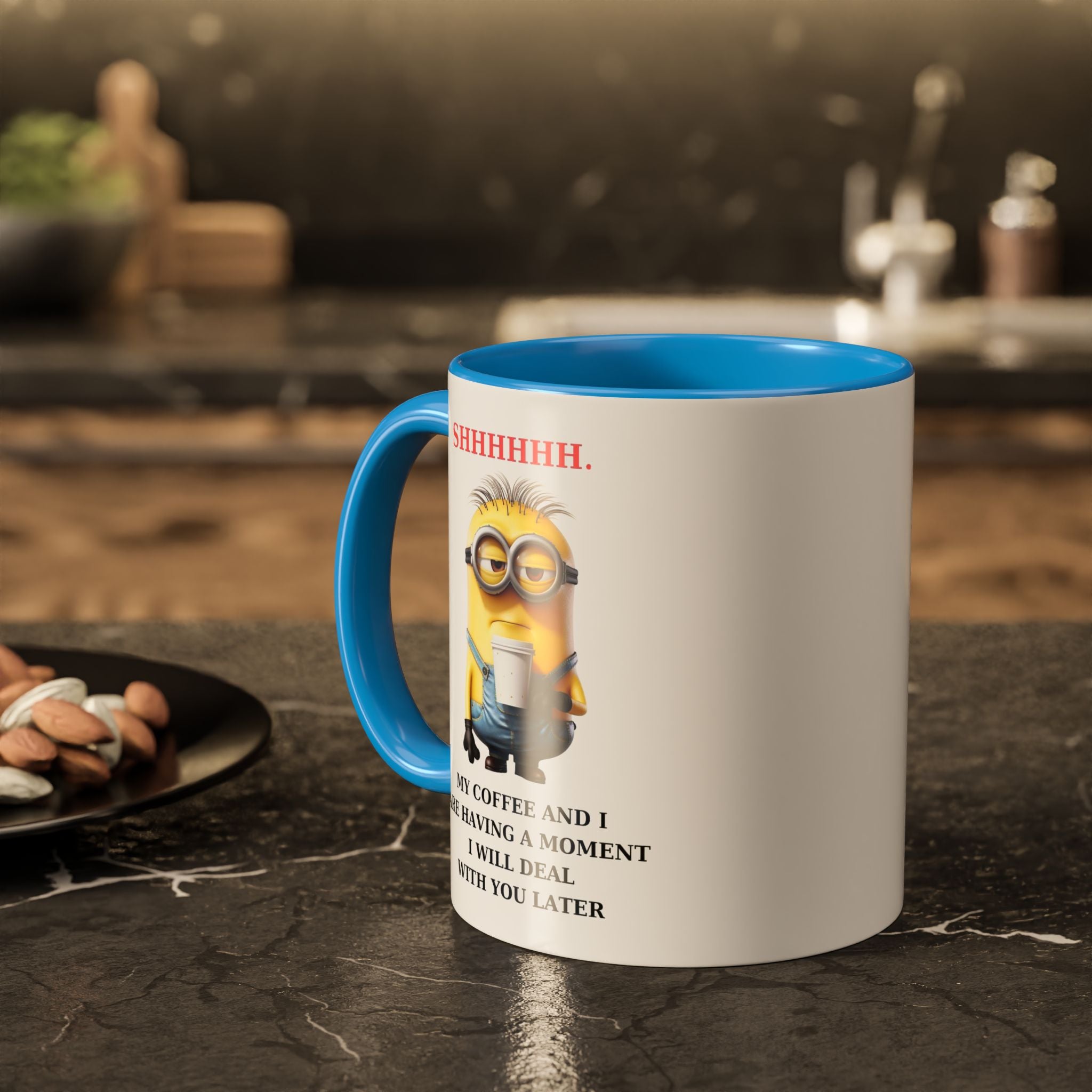 Funny Minion SHHHHHHH Two-Tone Coffee Mug, Novelty Cup, Cute Gift for Introverts, Office Humor, Sarcastic Statement, 11oz, Gift for Minion