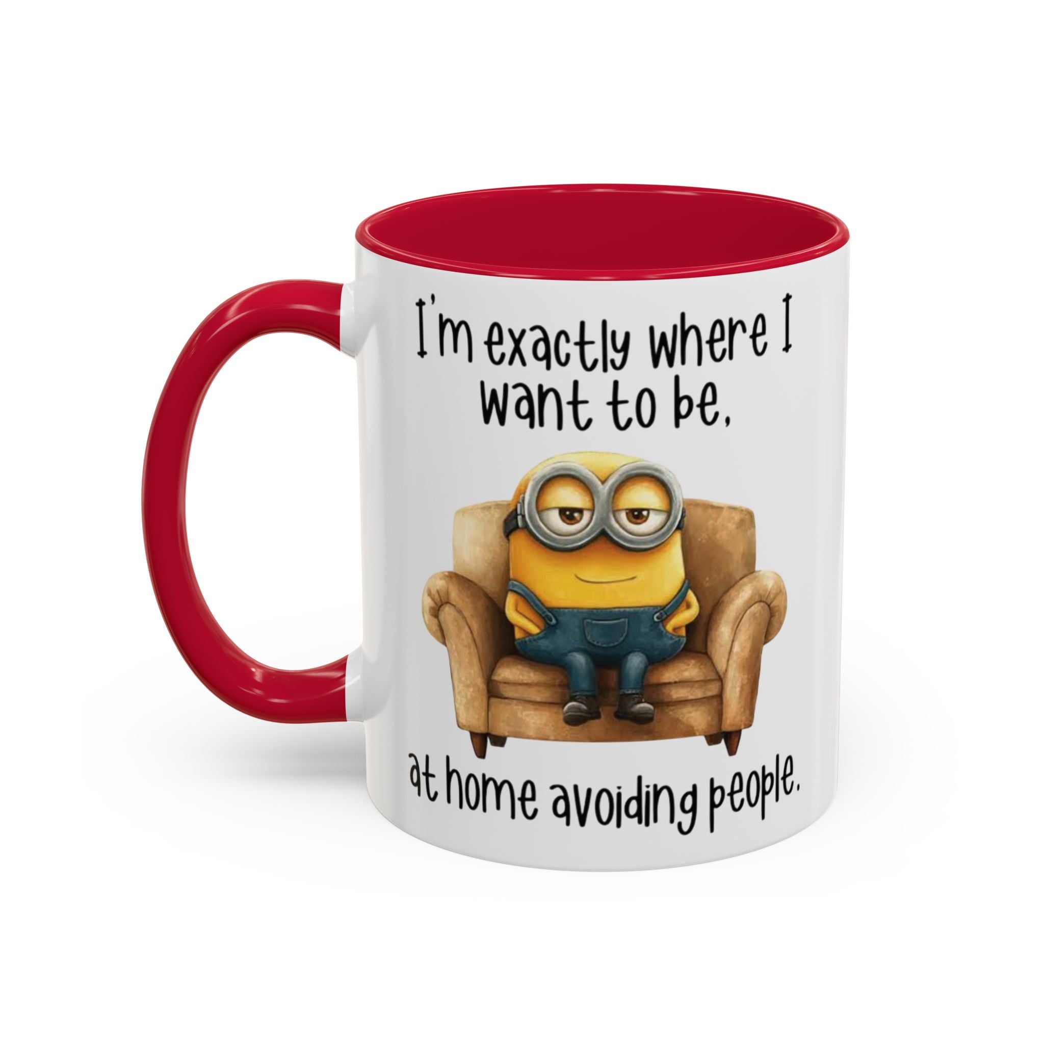Funny Minion Two-Tone Coffee Mug, 11oz - I'm exactly where i want to be At home avoiding people, Novelty Ceramic Tea Cup, Unique Gift Idea