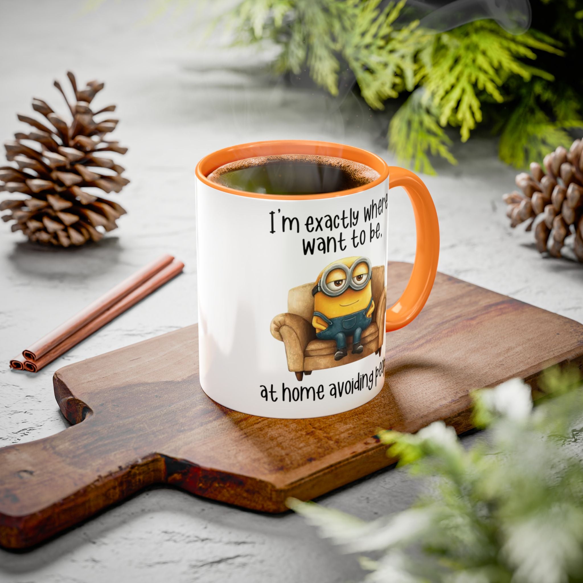 Funny Minion Two-Tone Coffee Mug, 11oz - I'm exactly where i want to be At home avoiding people, Novelty Ceramic Tea Cup, Unique Gift Idea