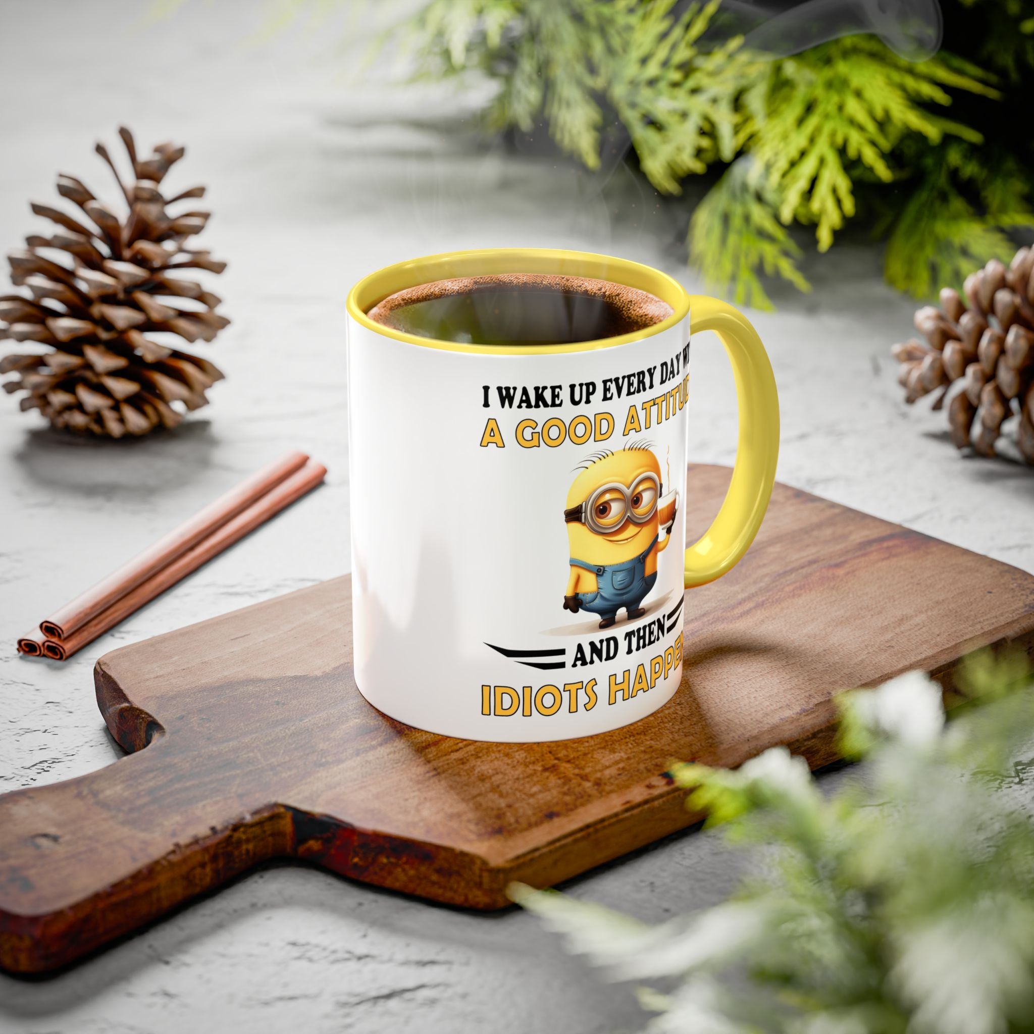 Minion I Wake Up EVERY DAY WITH A Good Attitude Two-Tone Coffee Mug, Funny Sarcastic Novelty Gift, Coffee Lover Mug, Office Mug