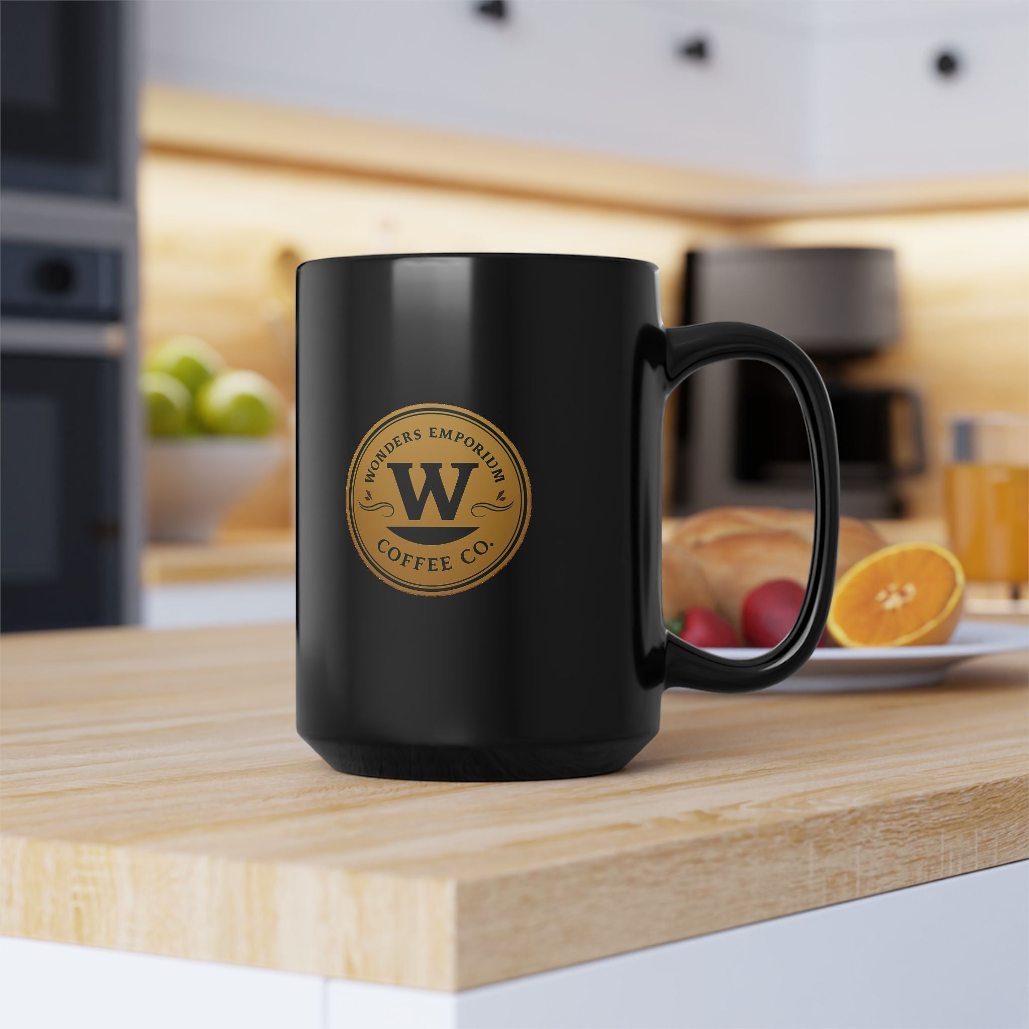 Wonders Emporium Coffee Co. Logo Black Ceramic Mug — 11oz & 15oz
