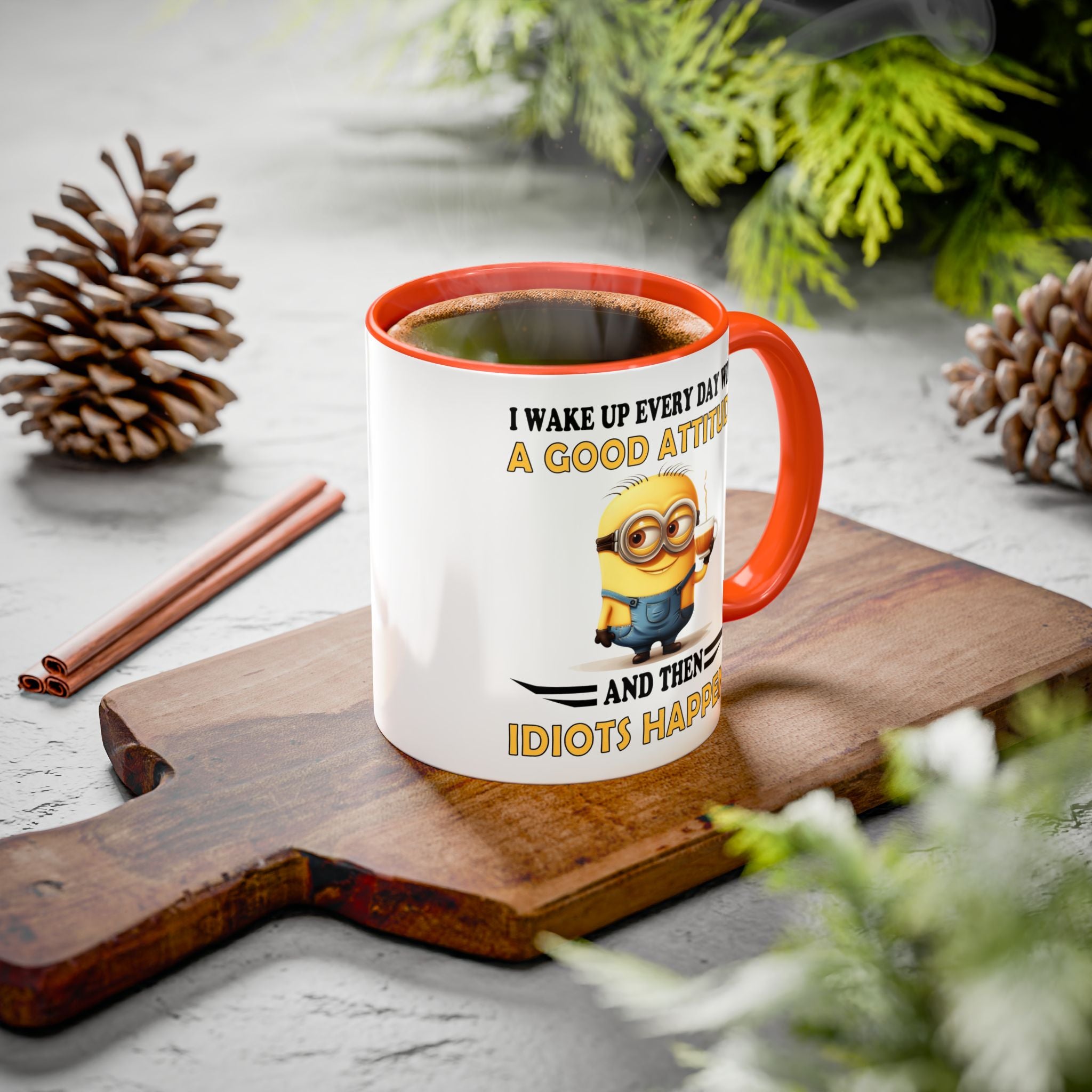 Minion I Wake Up EVERY DAY WITH A Good Attitude Two-Tone Coffee Mug, Funny Sarcastic Novelty Gift, Coffee Lover Mug, Office Mug