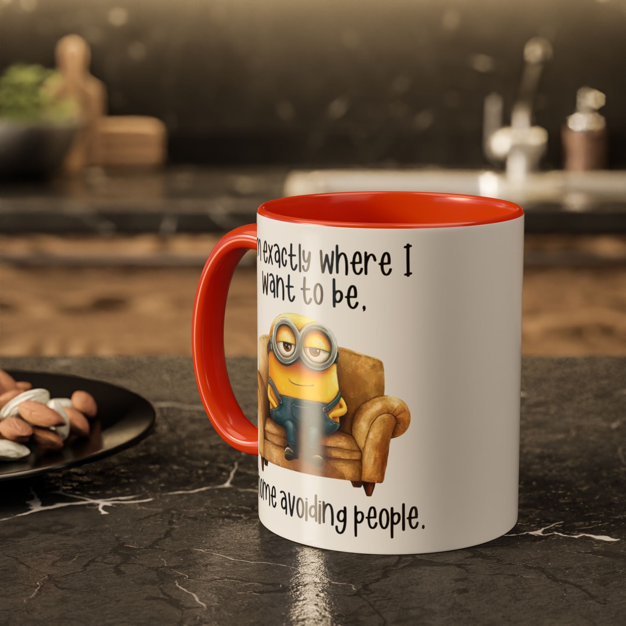 Funny Minion Two-Tone Coffee Mug, 11oz - I'm exactly where i want to be At home avoiding people, Novelty Ceramic Tea Cup, Unique Gift Idea