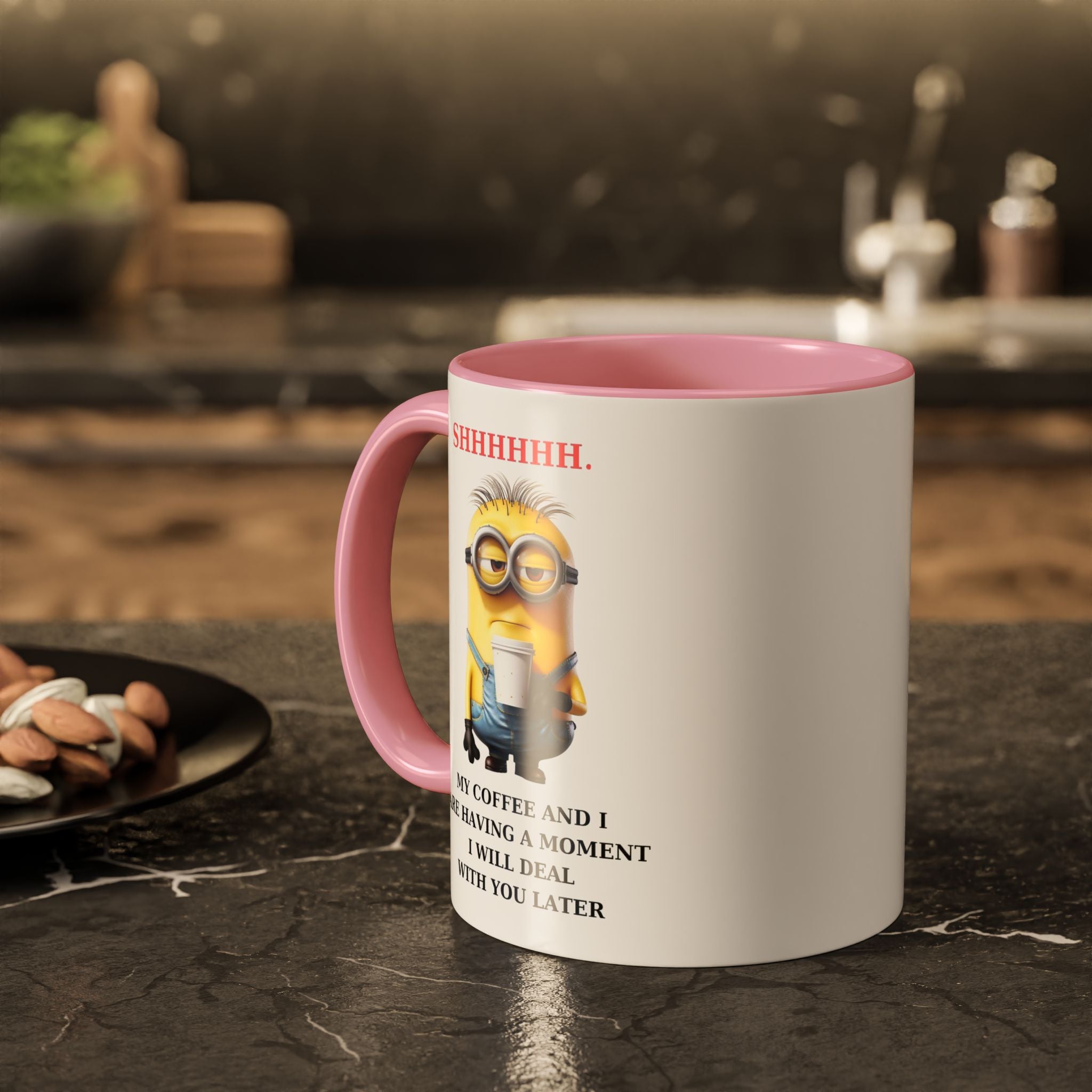 Funny Minion SHHHHHHH Two-Tone Coffee Mug, Novelty Cup, Cute Gift for Introverts, Office Humor, Sarcastic Statement, 11oz, Gift for Minion