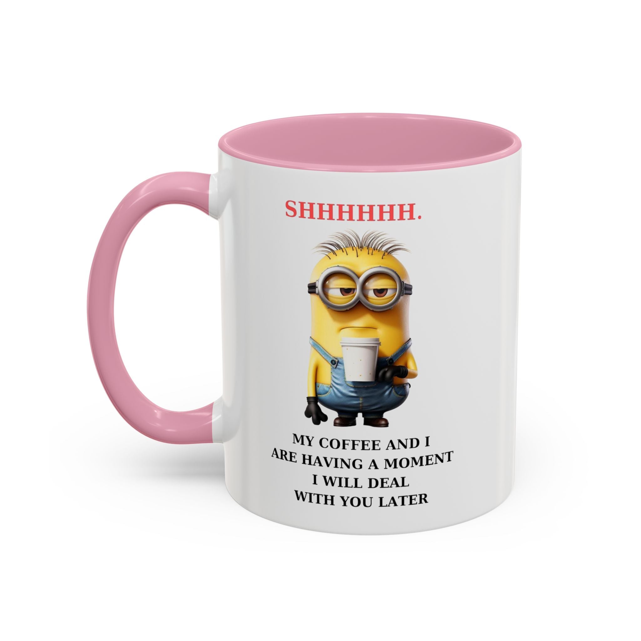 Funny Minion SHHHHHHH Two-Tone Coffee Mug, Novelty Cup, Cute Gift for Introverts, Office Humor, Sarcastic Statement, 11oz, Gift for Minion