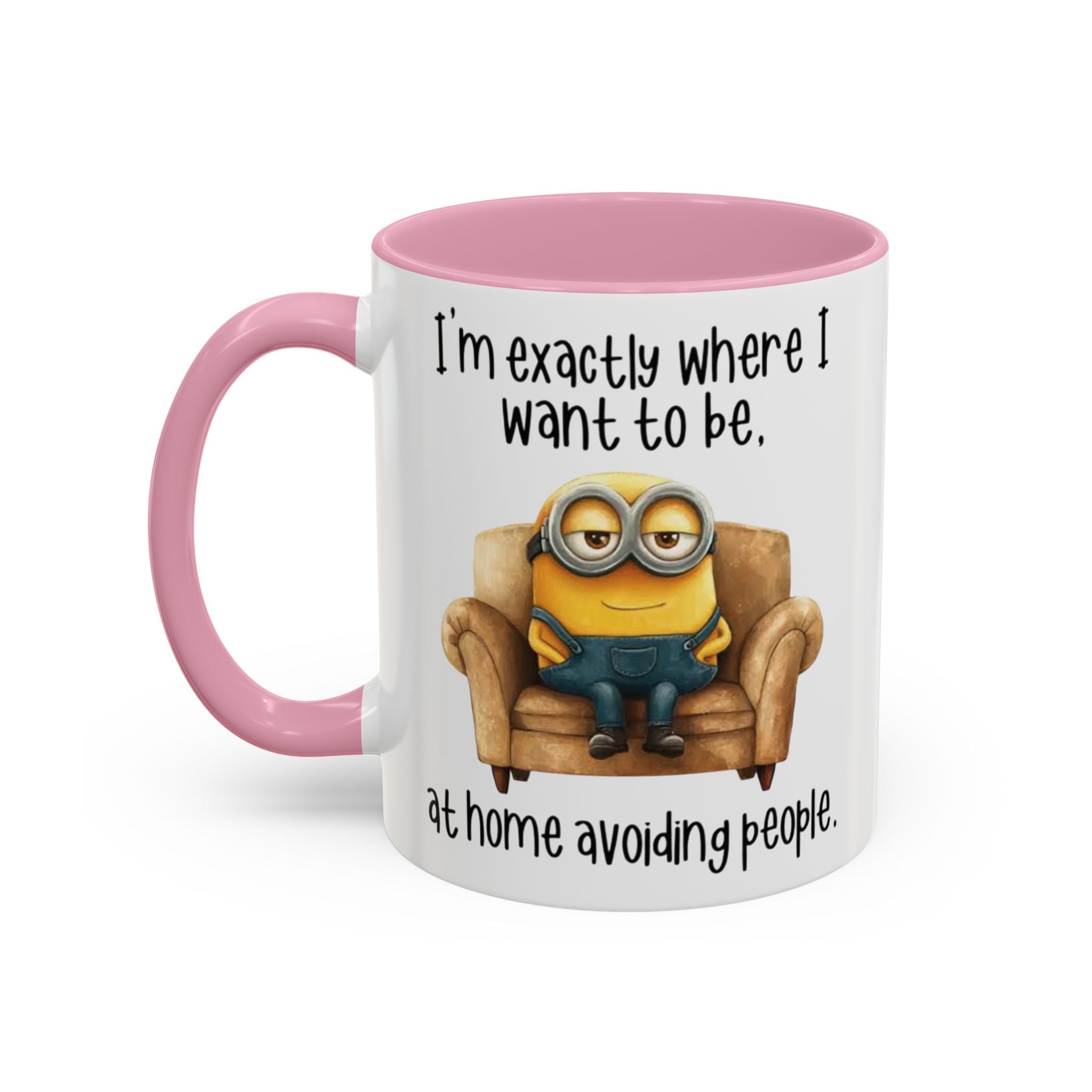 Funny Minion Two-Tone Coffee Mug, 11oz - I'm exactly where i want to be At home avoiding people, Novelty Ceramic Tea Cup, Unique Gift Idea