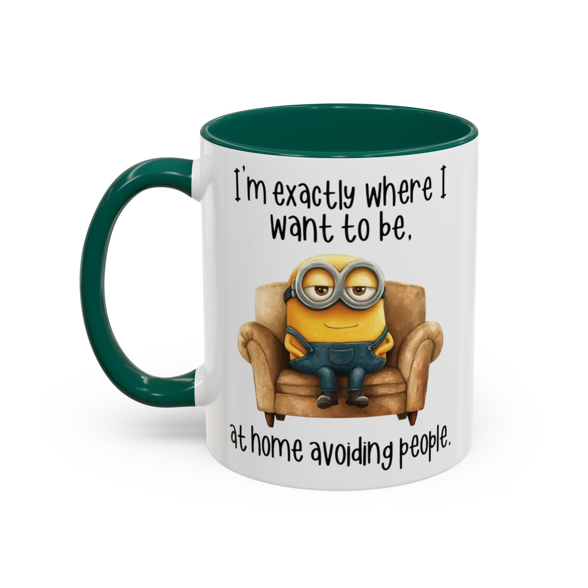 Funny Minion Two-Tone Coffee Mug, 11oz - I'm exactly where i want to be At home avoiding people, Novelty Ceramic Tea Cup, Unique Gift Idea