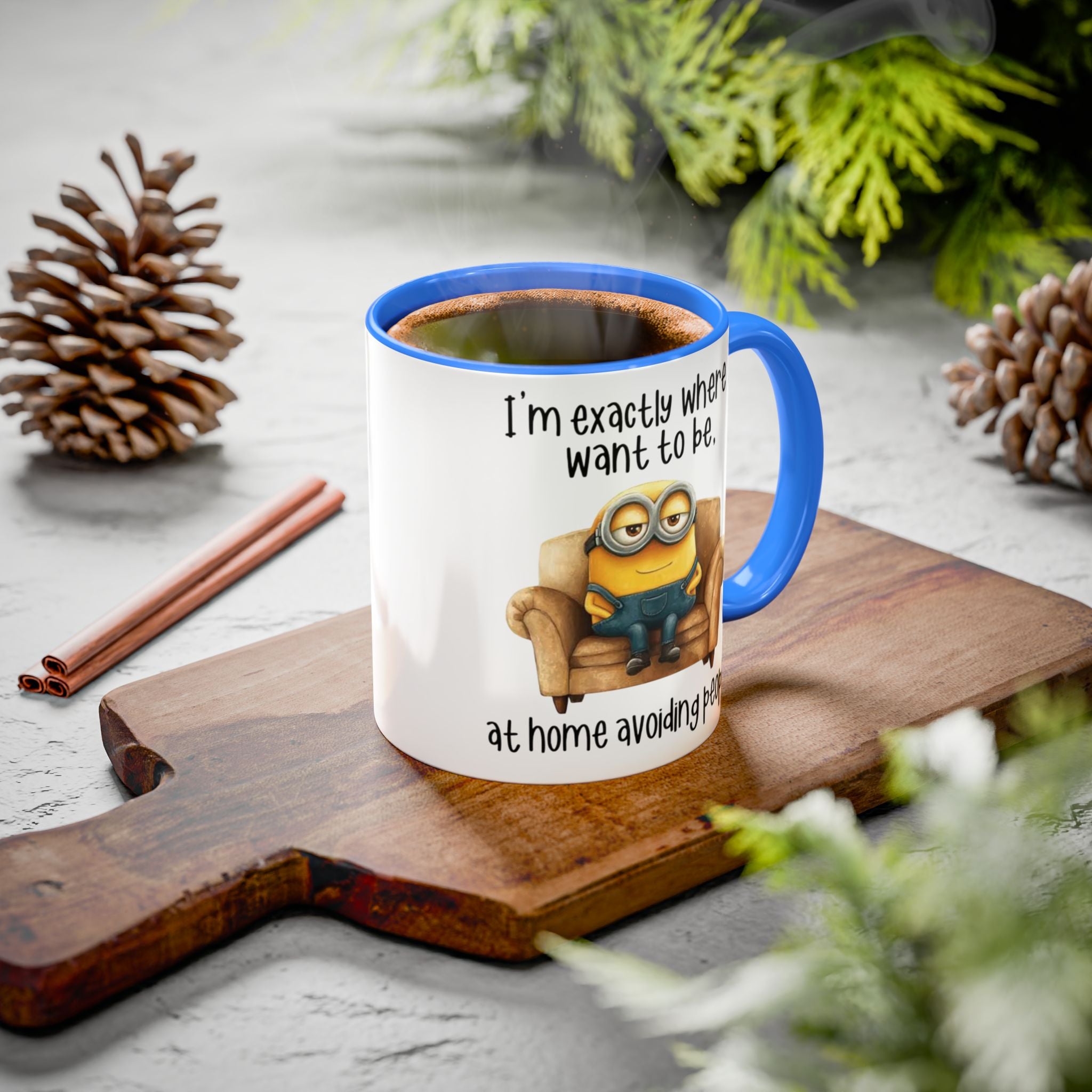 Funny Minion Two-Tone Coffee Mug, 11oz - I'm exactly where i want to be At home avoiding people, Novelty Ceramic Tea Cup, Unique Gift Idea