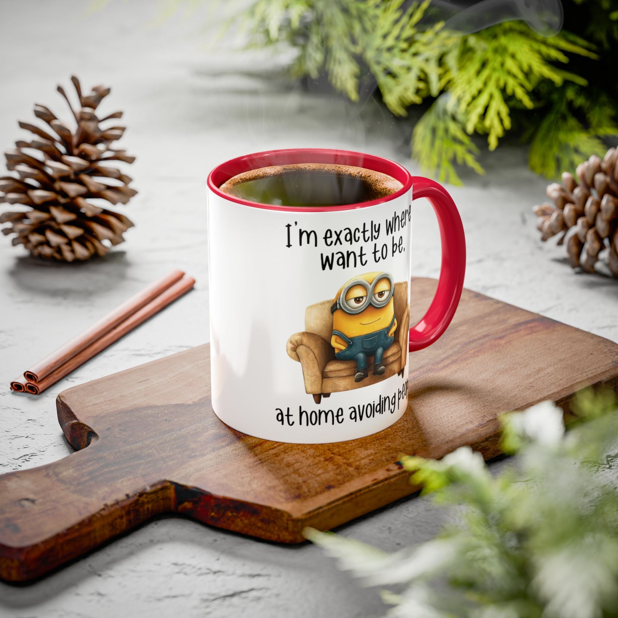 Funny Minion Two-Tone Coffee Mug, 11oz - I'm exactly where i want to be At home avoiding people, Novelty Ceramic Tea Cup, Unique Gift Idea