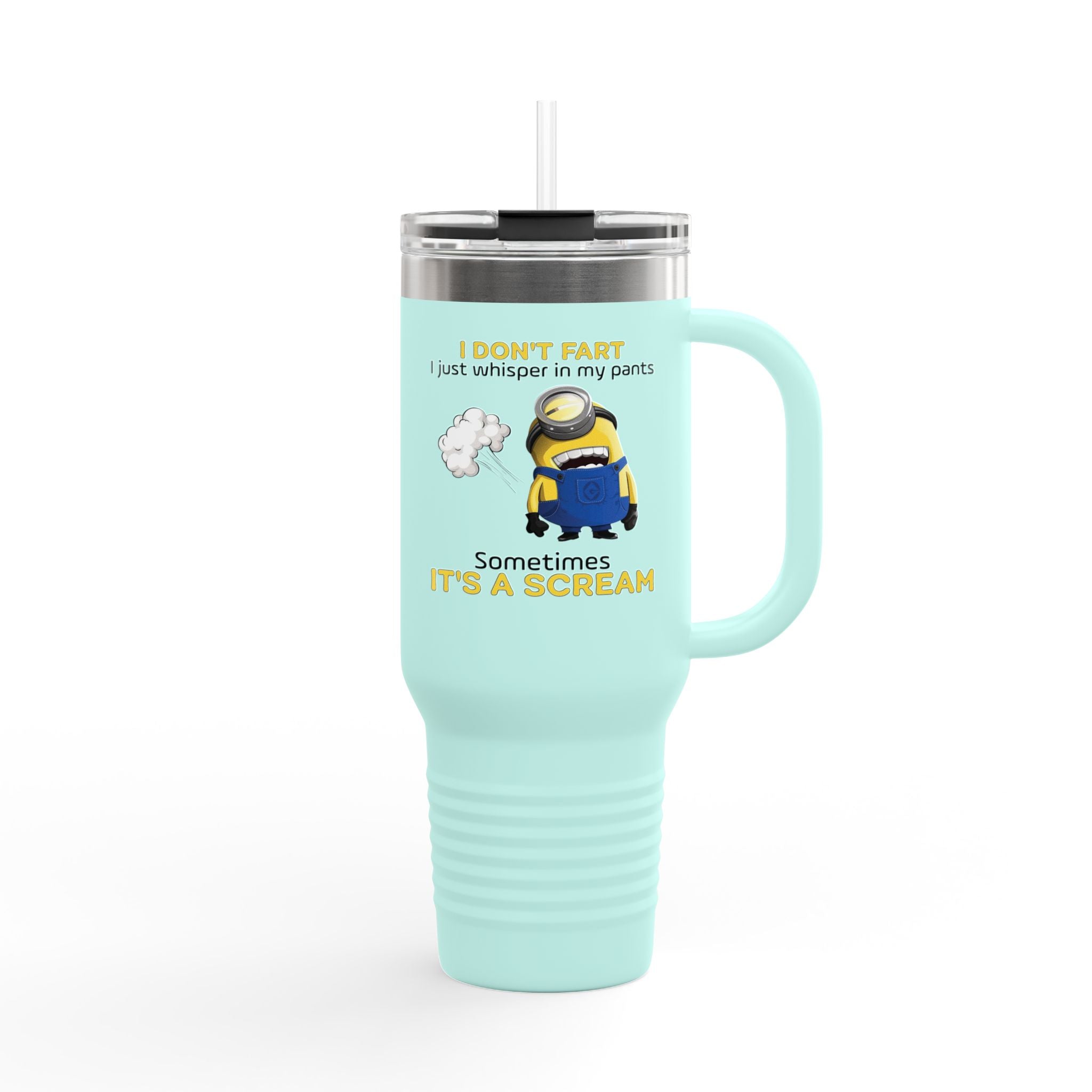 Funny Minion 'i dont fart I whisper' 40oz Insulated Travel Mug | Stainless Steel Tumbler for Hot and Cold Drinks, Novelty Cup, Travel Gift,