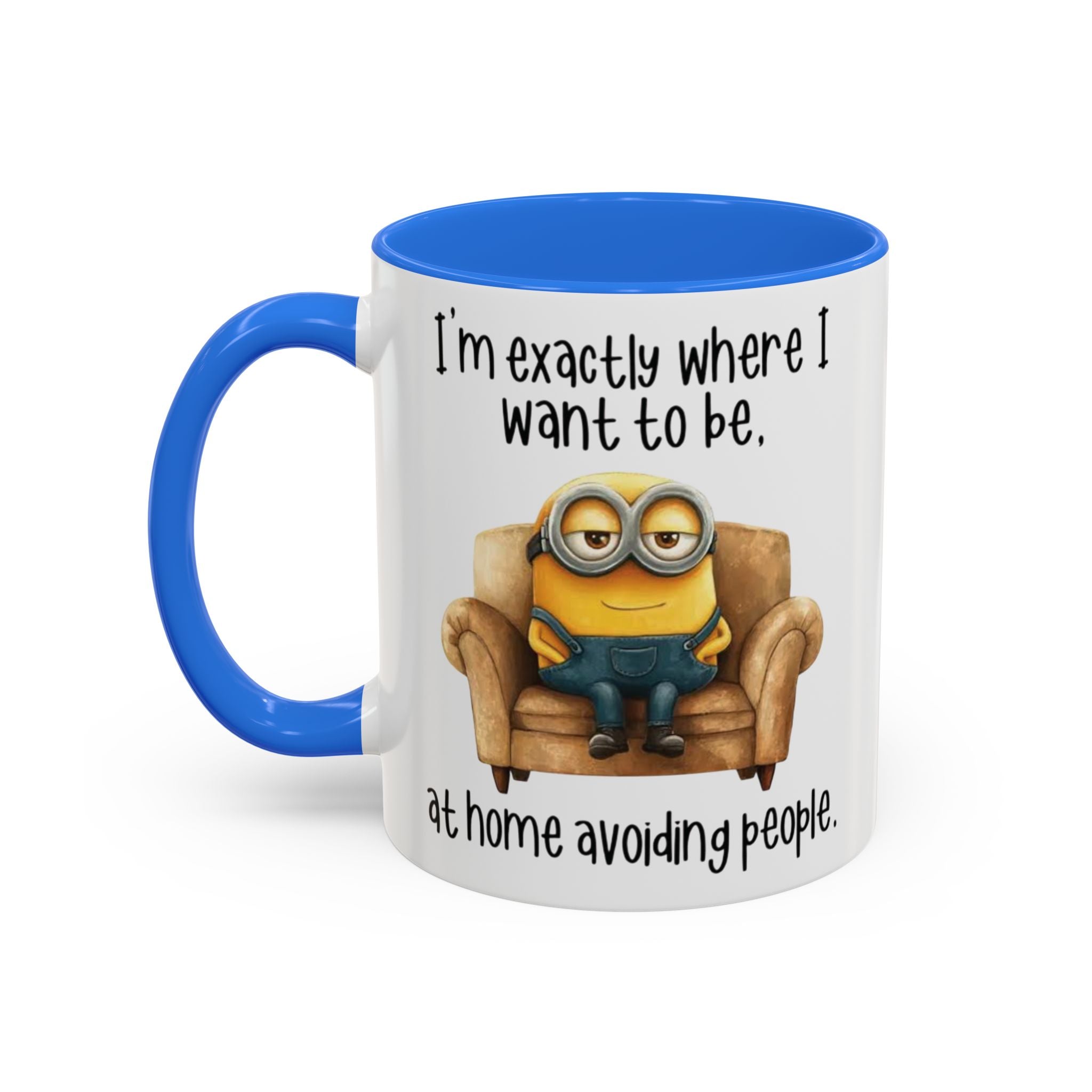 Funny Minion Two-Tone Coffee Mug, 11oz - I'm exactly where i want to be At home avoiding people, Novelty Ceramic Tea Cup, Unique Gift Idea