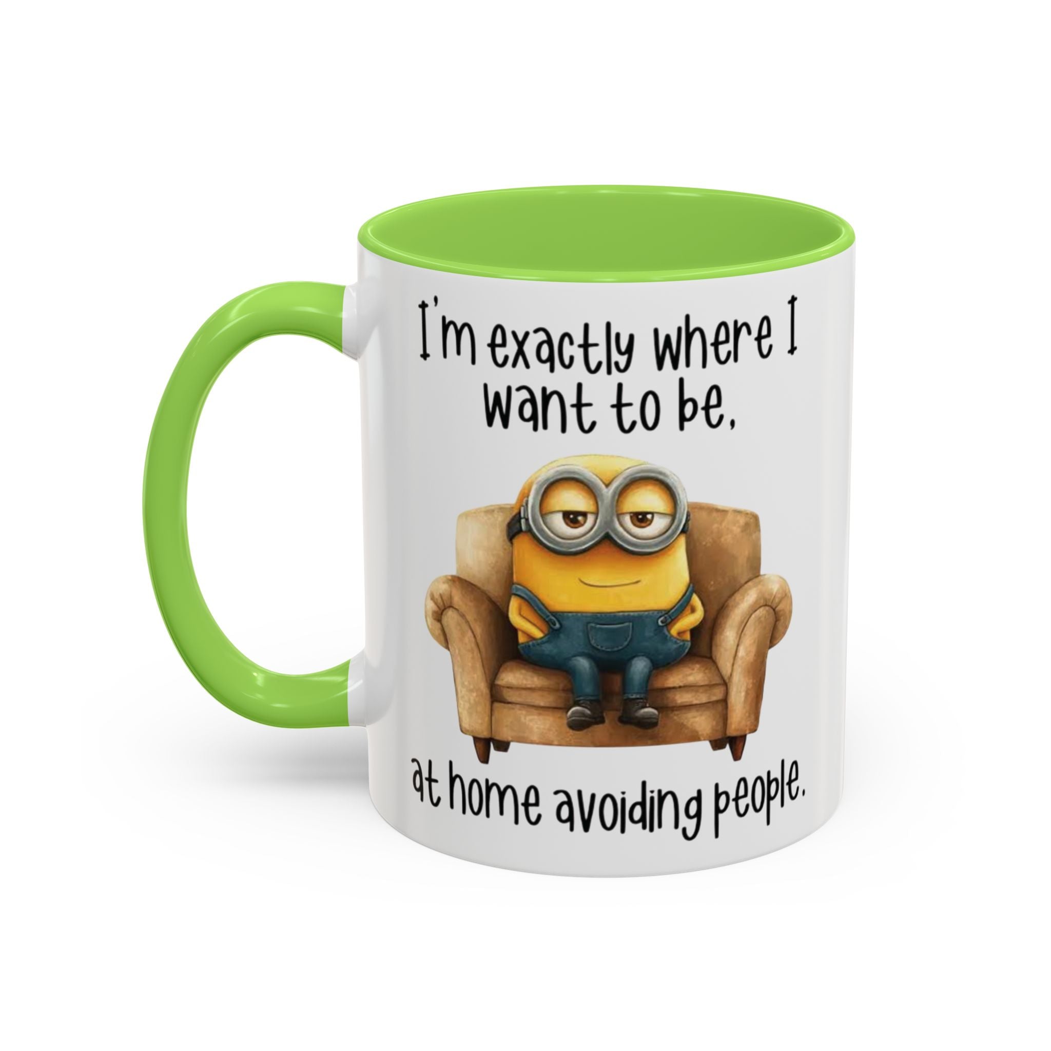 Funny Minion Two-Tone Coffee Mug, 11oz - I'm exactly where i want to be At home avoiding people, Novelty Ceramic Tea Cup, Unique Gift Idea