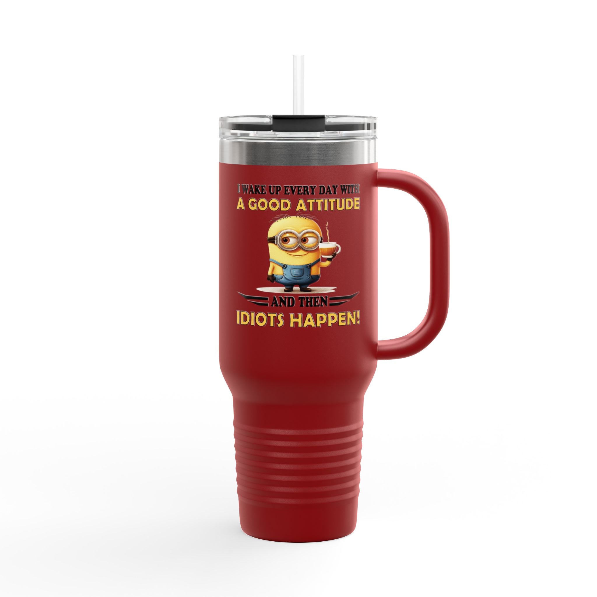 Red travel mug with a Minion graphic and humorous text on a white background