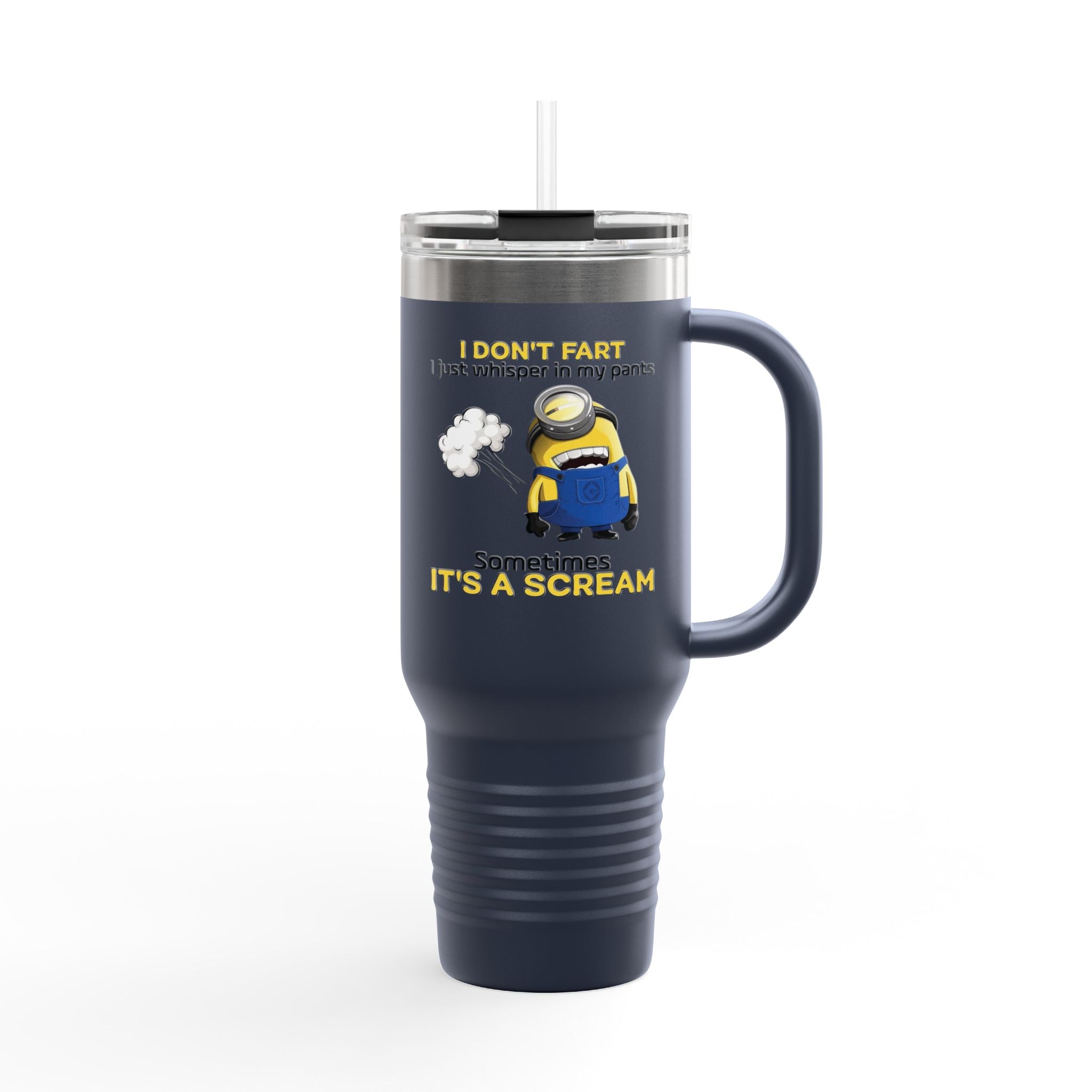 Funny Minion 'i dont fart I whisper' 40oz Insulated Travel Mug | Stainless Steel Tumbler for Hot and Cold Drinks, Novelty Cup, Travel Gift,