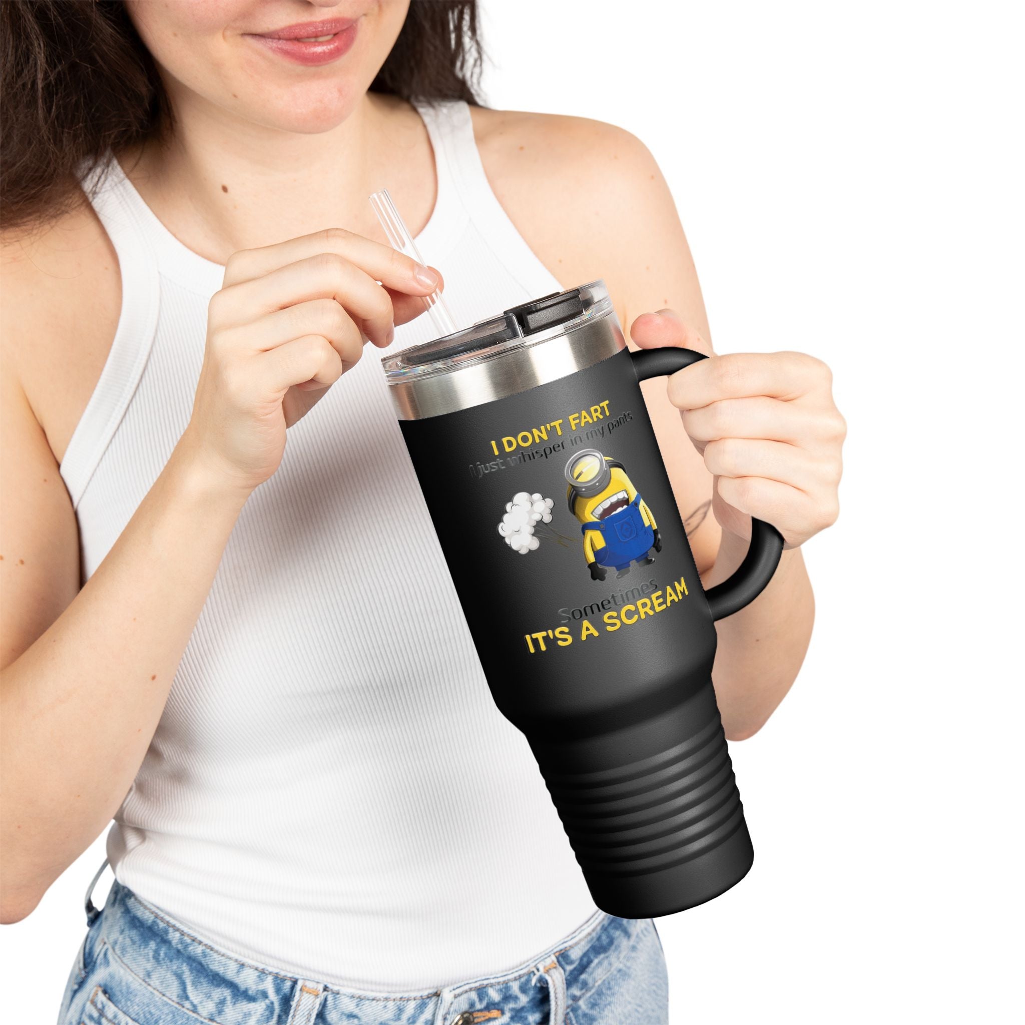 Funny Minion 'i dont fart I whisper' 40oz Insulated Travel Mug | Stainless Steel Tumbler for Hot and Cold Drinks, Novelty Cup, Travel Gift,