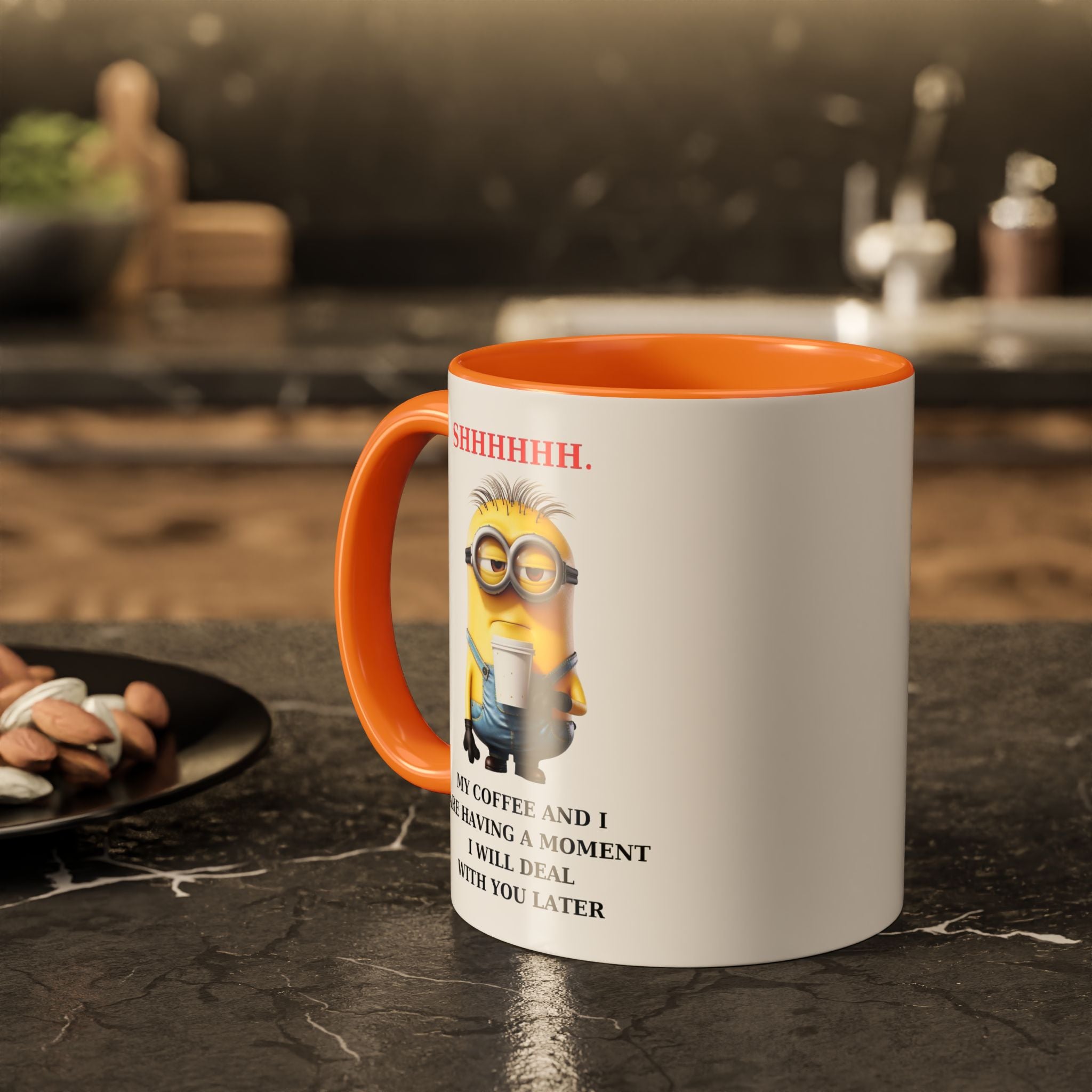 Funny Minion SHHHHHHH Two-Tone Coffee Mug, Novelty Cup, Cute Gift for Introverts, Office Humor, Sarcastic Statement, 11oz, Gift for Minion