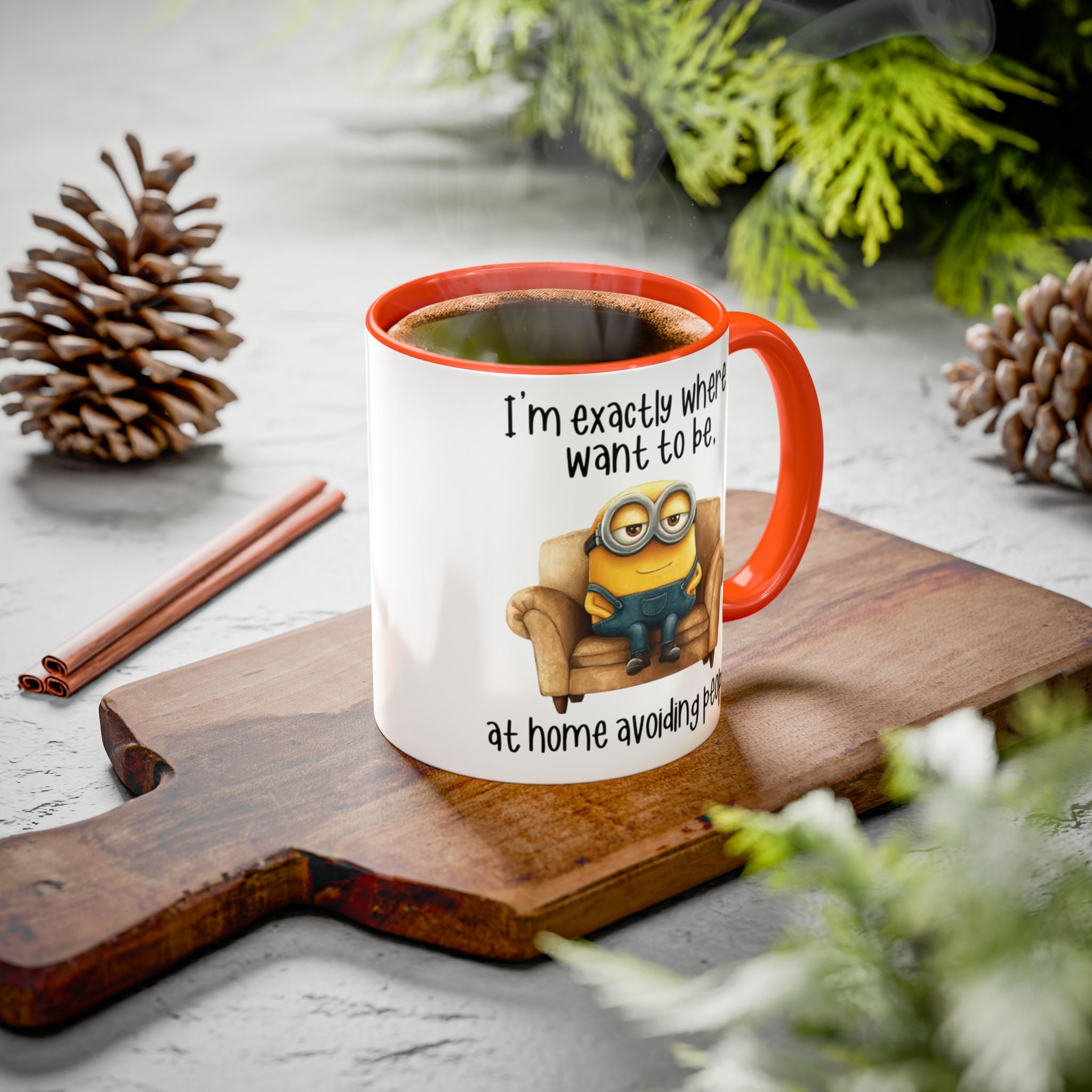 Funny Minion Two-Tone Coffee Mug, 11oz - I'm exactly where i want to be At home avoiding people, Novelty Ceramic Tea Cup, Unique Gift Idea