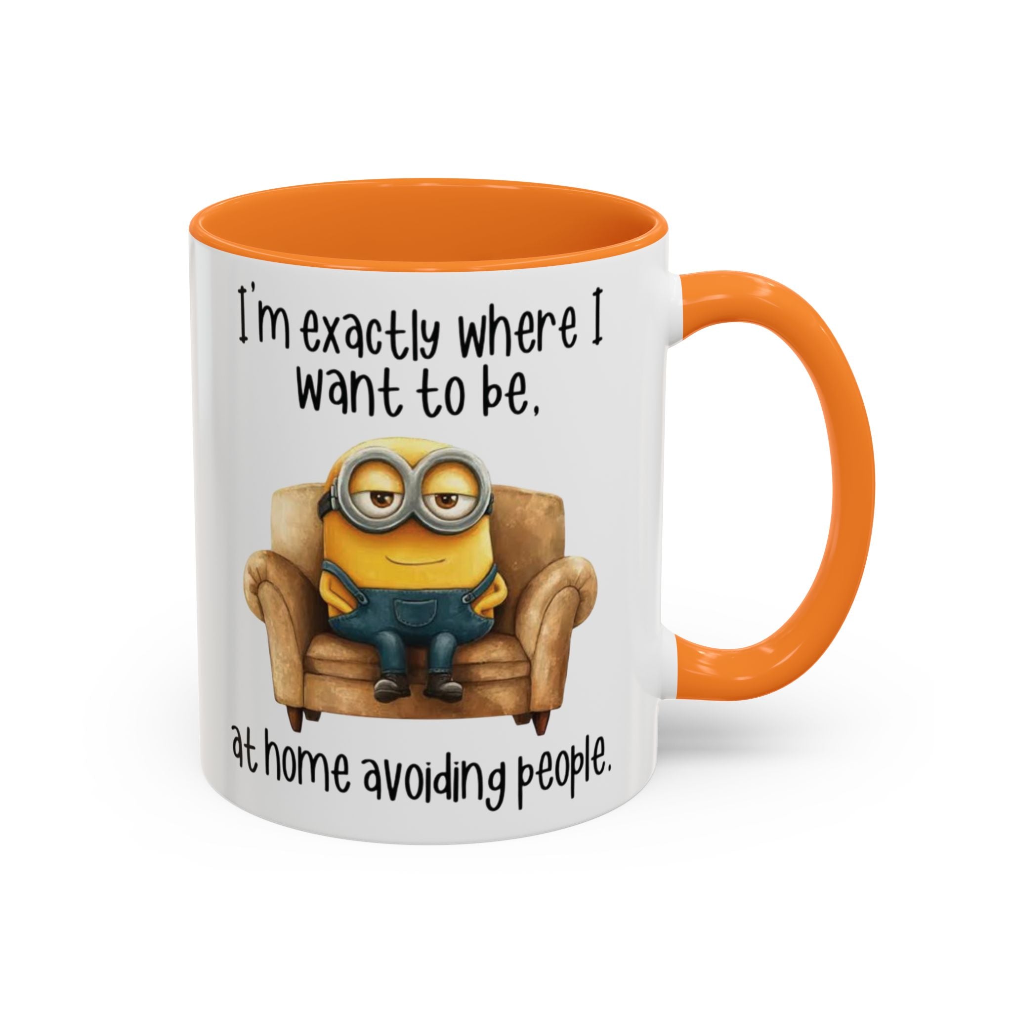 Funny Minion Two-Tone Coffee Mug, 11oz - I'm exactly where i want to be At home avoiding people, Novelty Ceramic Tea Cup, Unique Gift Idea