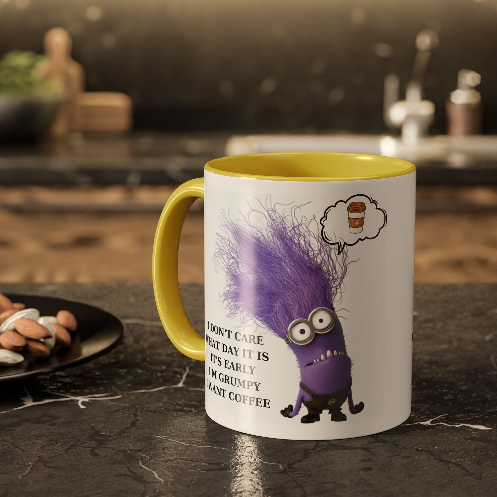 Funny Minion Two-Tone Coffee Mug, 11oz - I Don't Care What Day It Is, Funny Coffee Lover Gift, Grumpy Mug, Office Humor, Sarcastic Mug, Gift