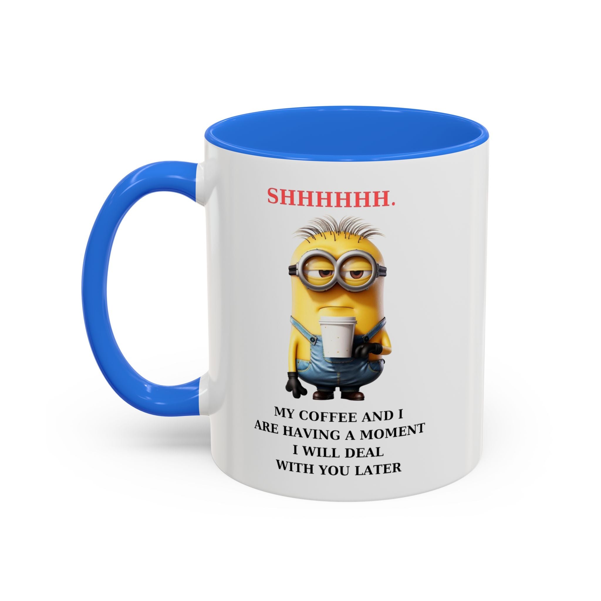 Funny Minion SHHHHHHH Two-Tone Coffee Mug, Novelty Cup, Cute Gift for Introverts, Office Humor, Sarcastic Statement, 11oz, Gift for Minion