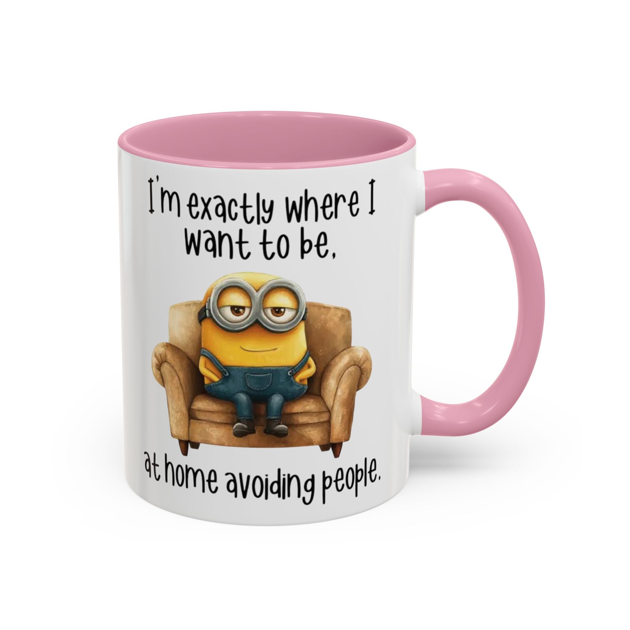 Funny Minion Two-Tone Coffee Mug, 11oz - I'm exactly where i want to be At home avoiding people, Novelty Ceramic Tea Cup, Unique Gift Idea