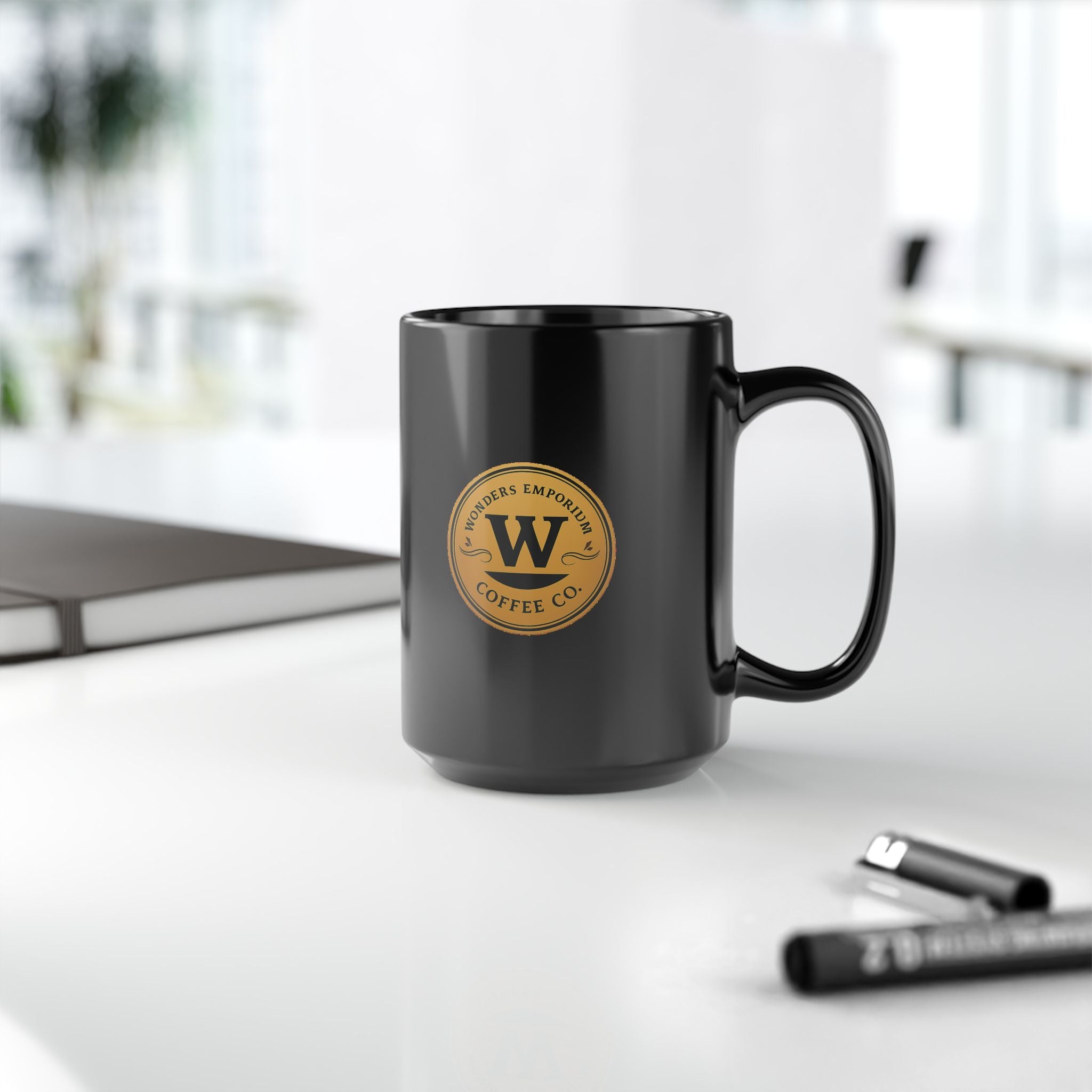 Wonders Emporium Coffee Co. Logo Black Ceramic Mug — 11oz & 15oz