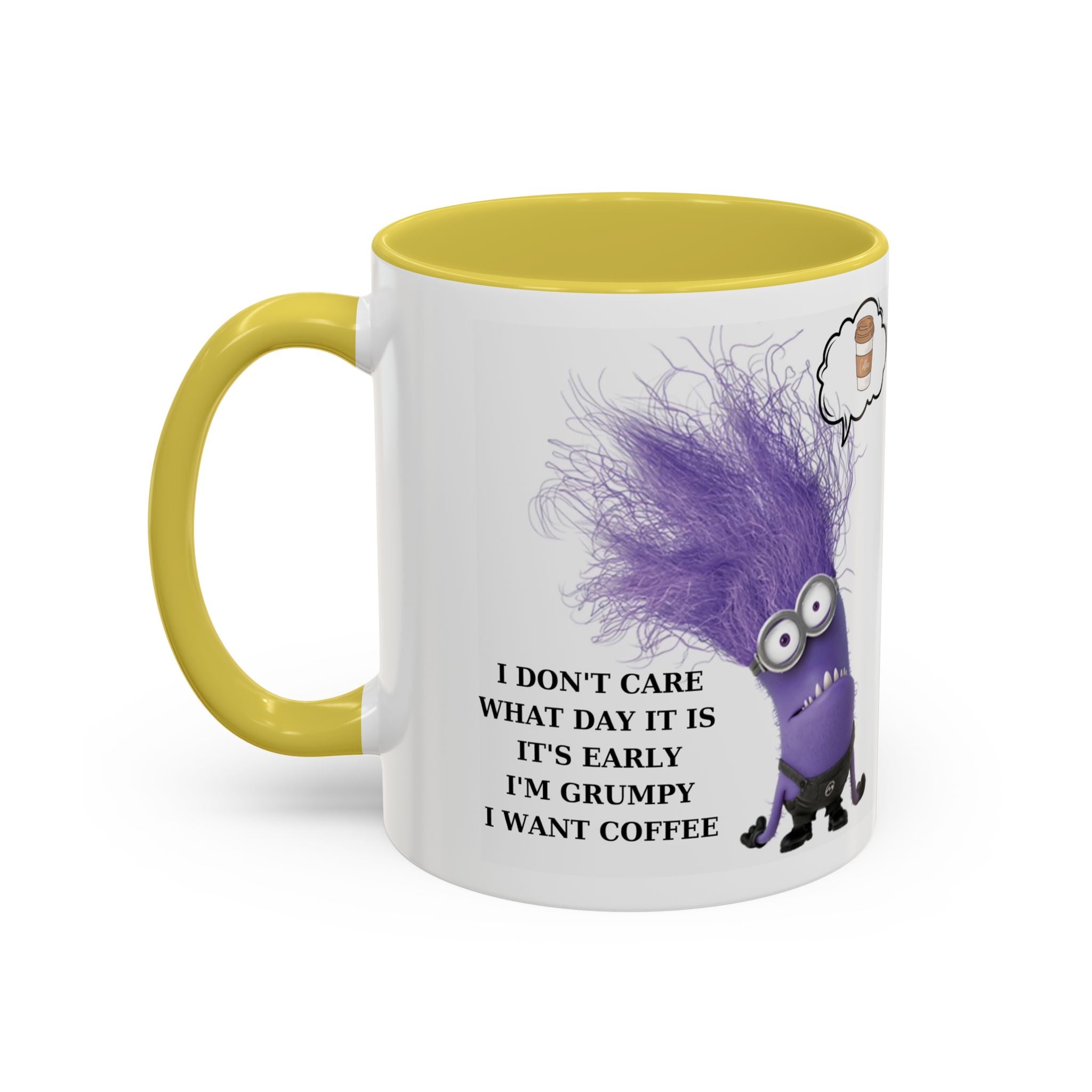 Funny Minion Two-Tone Coffee Mug, 11oz - I Don't Care What Day It Is, Funny Coffee Lover Gift, Grumpy Mug, Office Humor, Sarcastic Mug, Gift