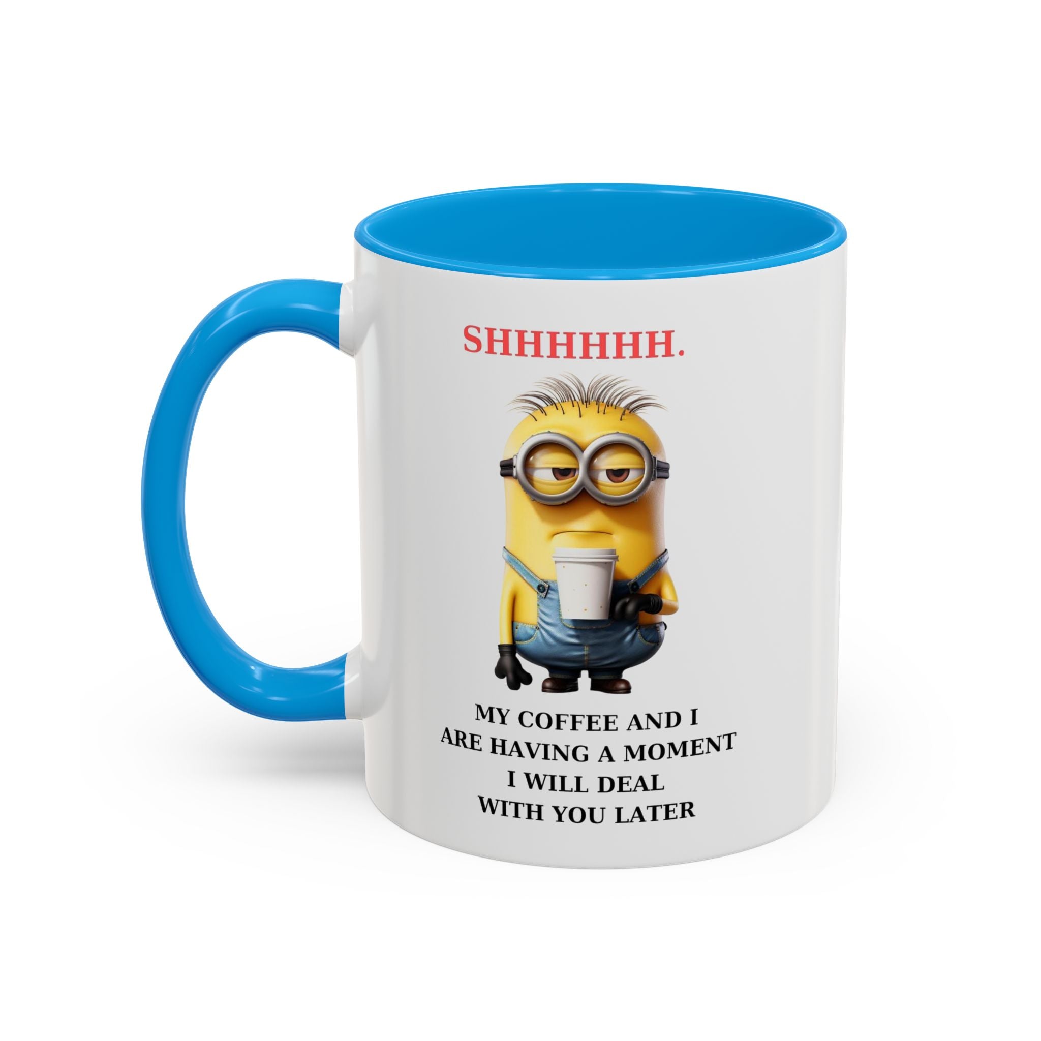 Funny Minion SHHHHHHH Two-Tone Coffee Mug, Novelty Cup, Cute Gift for Introverts, Office Humor, Sarcastic Statement, 11oz, Gift for Minion