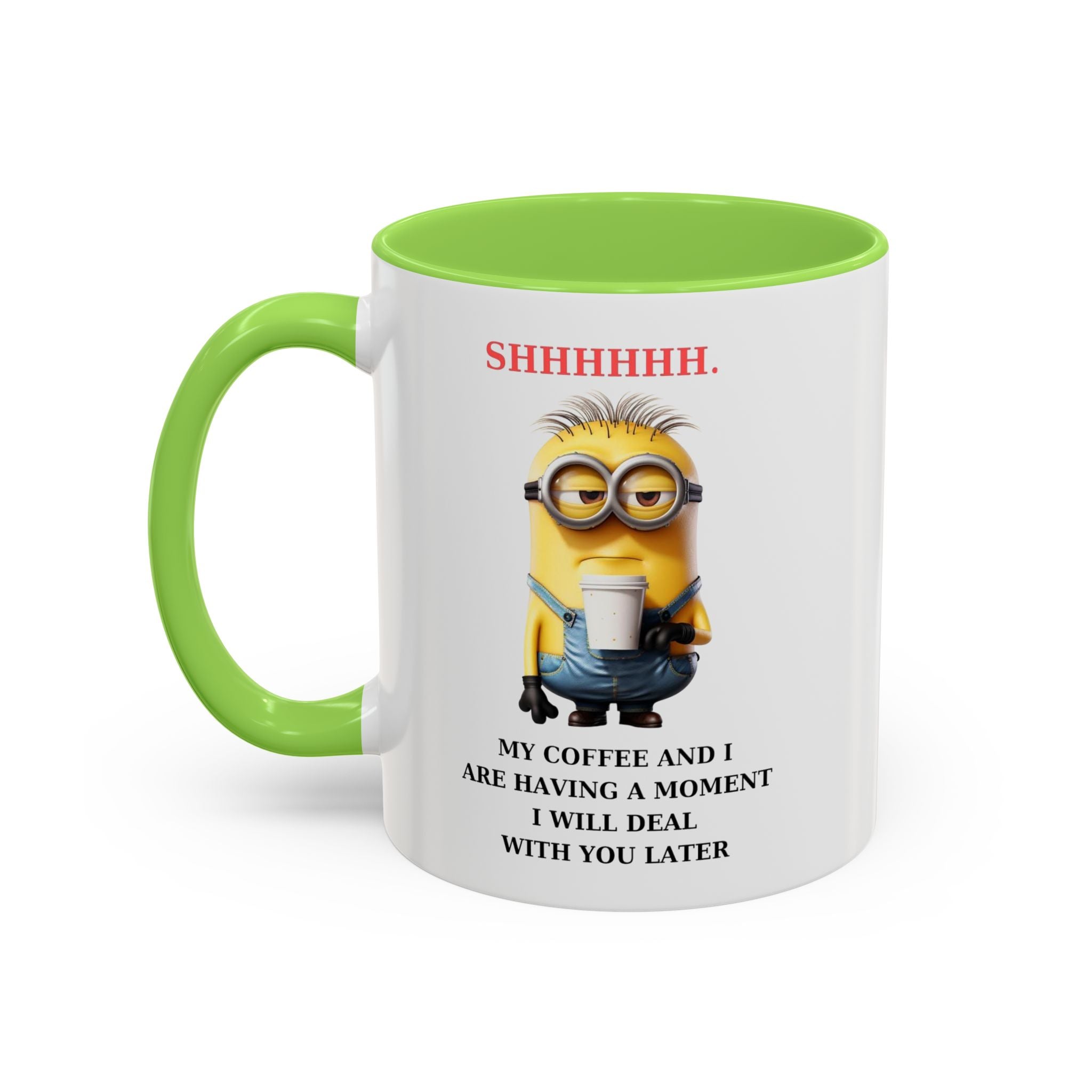 Funny Minion SHHHHHHH Two-Tone Coffee Mug, Novelty Cup, Cute Gift for Introverts, Office Humor, Sarcastic Statement, 11oz, Gift for Minion