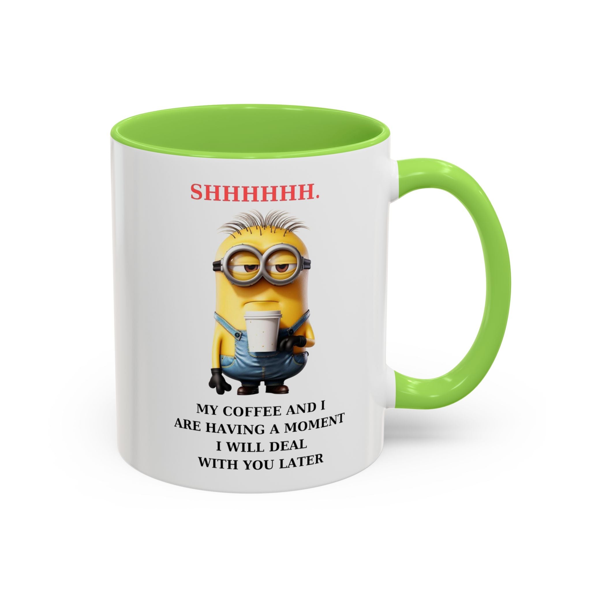 Funny Minion SHHHHHHH Two-Tone Coffee Mug, Novelty Cup, Cute Gift for Introverts, Office Humor, Sarcastic Statement, 11oz, Gift for Minion
