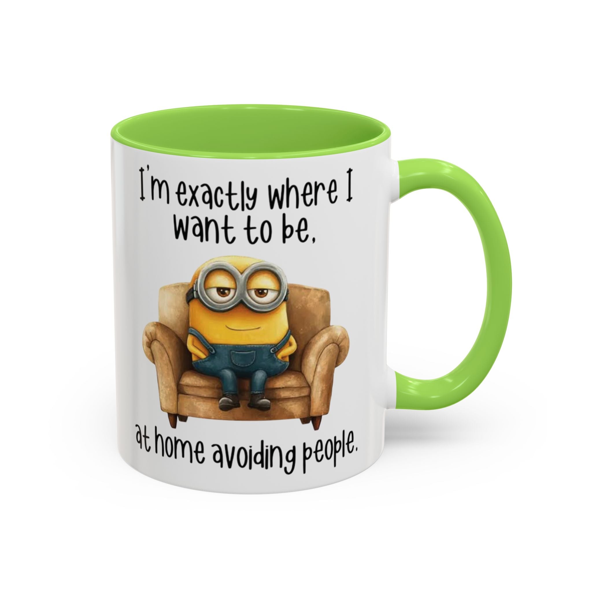 Funny Minion Two-Tone Coffee Mug, 11oz - I'm exactly where i want to be At home avoiding people, Novelty Ceramic Tea Cup, Unique Gift Idea