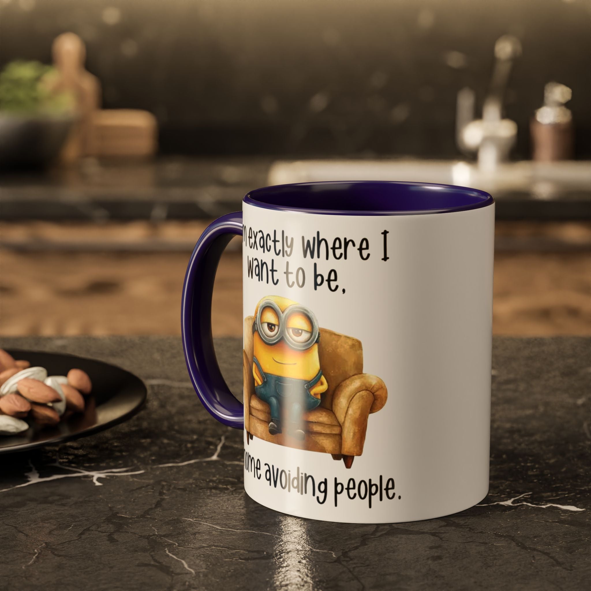 Funny Minion Two-Tone Coffee Mug, 11oz - I'm exactly where i want to be At home avoiding people, Novelty Ceramic Tea Cup, Unique Gift Idea