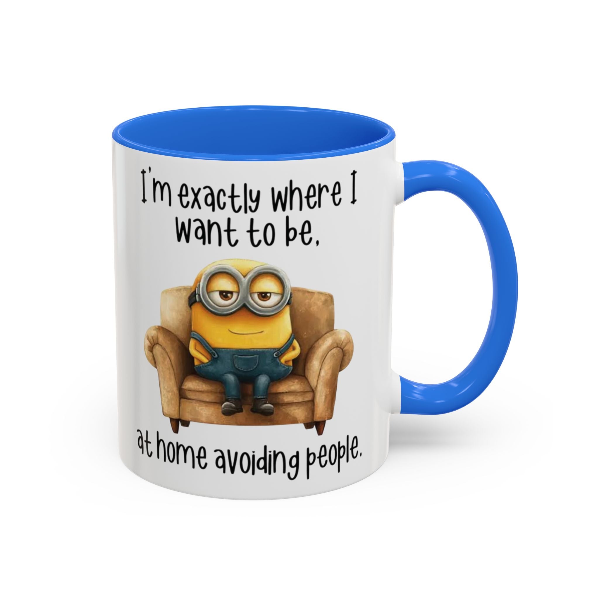 Funny Minion Two-Tone Coffee Mug, 11oz - I'm exactly where i want to be At home avoiding people, Novelty Ceramic Tea Cup, Unique Gift Idea