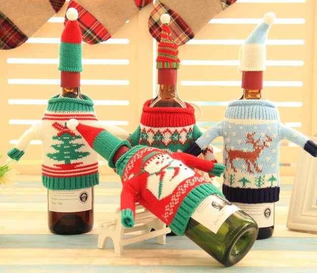 Christmas Wine Bottle Outfit – Wool Sweater & Hat Set | Joy, Tree, Elk, or Snowman Design | Festive Holiday Table Décor Gift