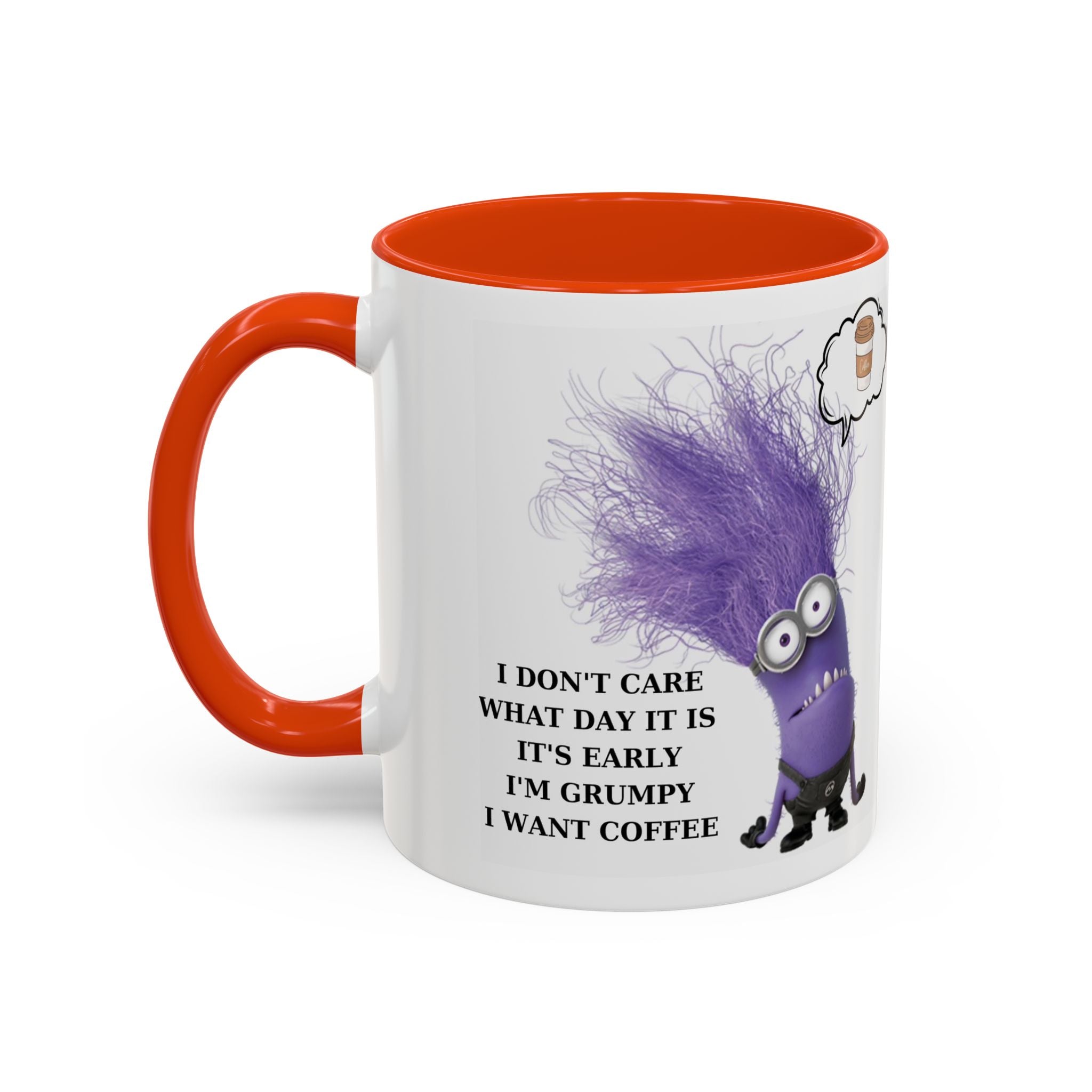 Funny Minion Two-Tone Coffee Mug, 11oz - I Don't Care What Day It Is, Funny Coffee Lover Gift, Grumpy Mug, Office Humor, Sarcastic Mug, Gift