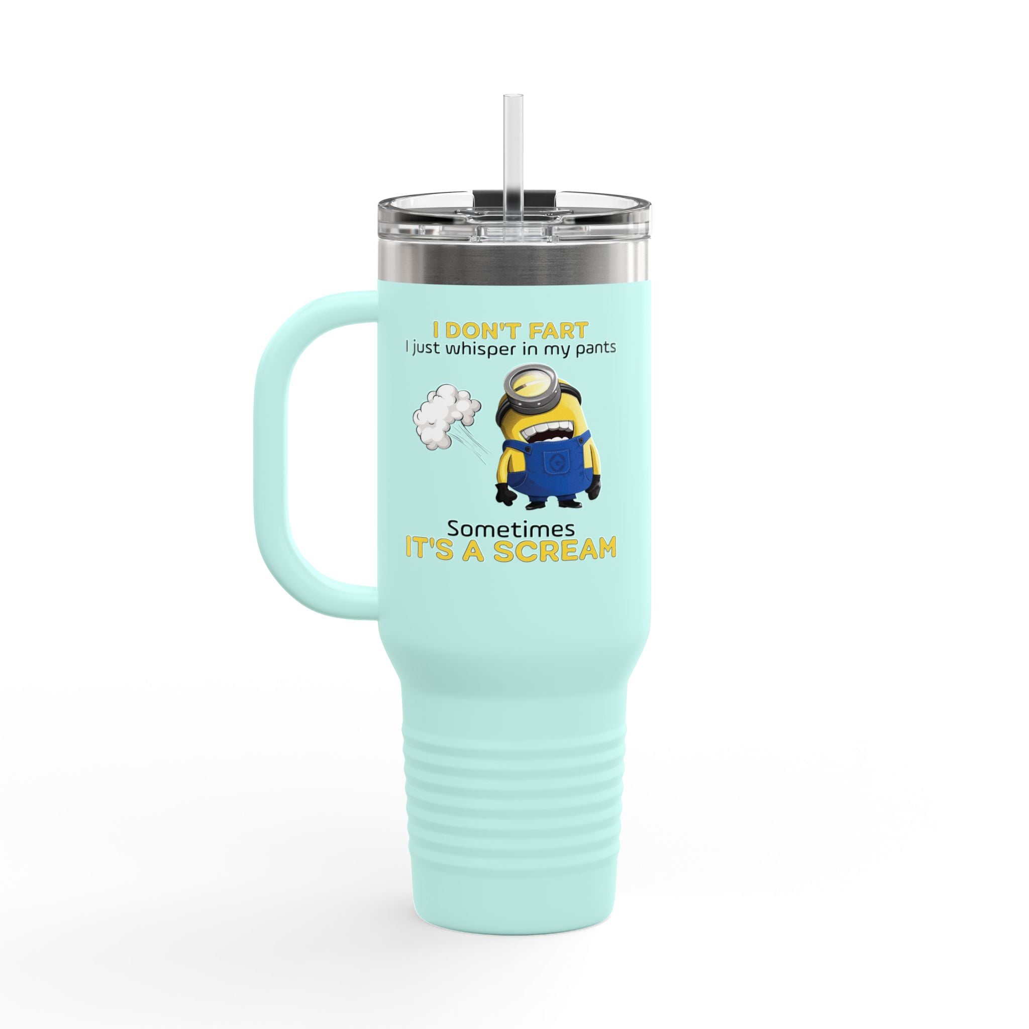 Funny Minion 'i dont fart I whisper' 40oz Insulated Travel Mug | Stainless Steel Tumbler for Hot and Cold Drinks, Novelty Cup, Travel Gift,