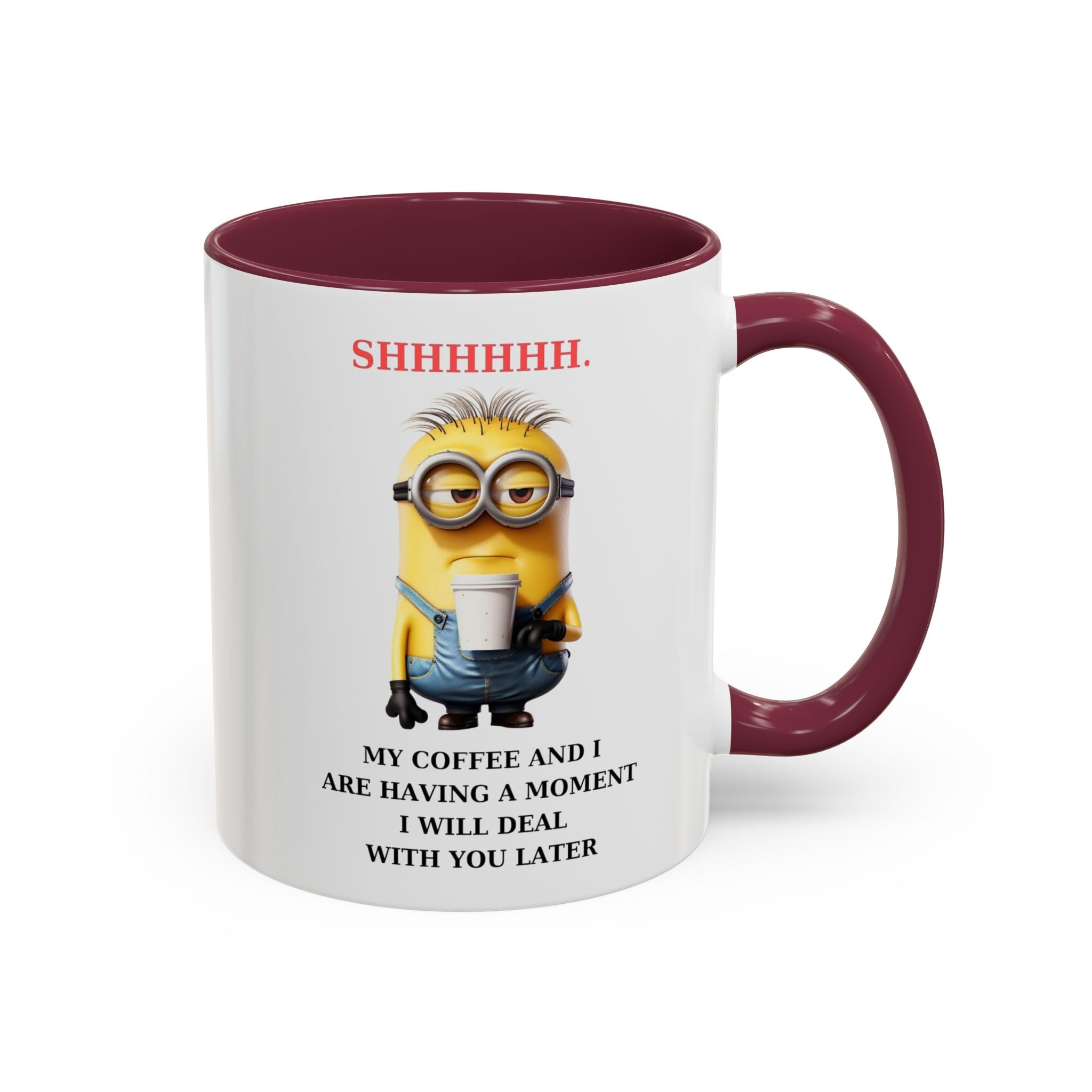 Funny Minion SHHHHHHH Two-Tone Coffee Mug, Novelty Cup, Cute Gift for Introverts, Office Humor, Sarcastic Statement, 11oz, Gift for Minion