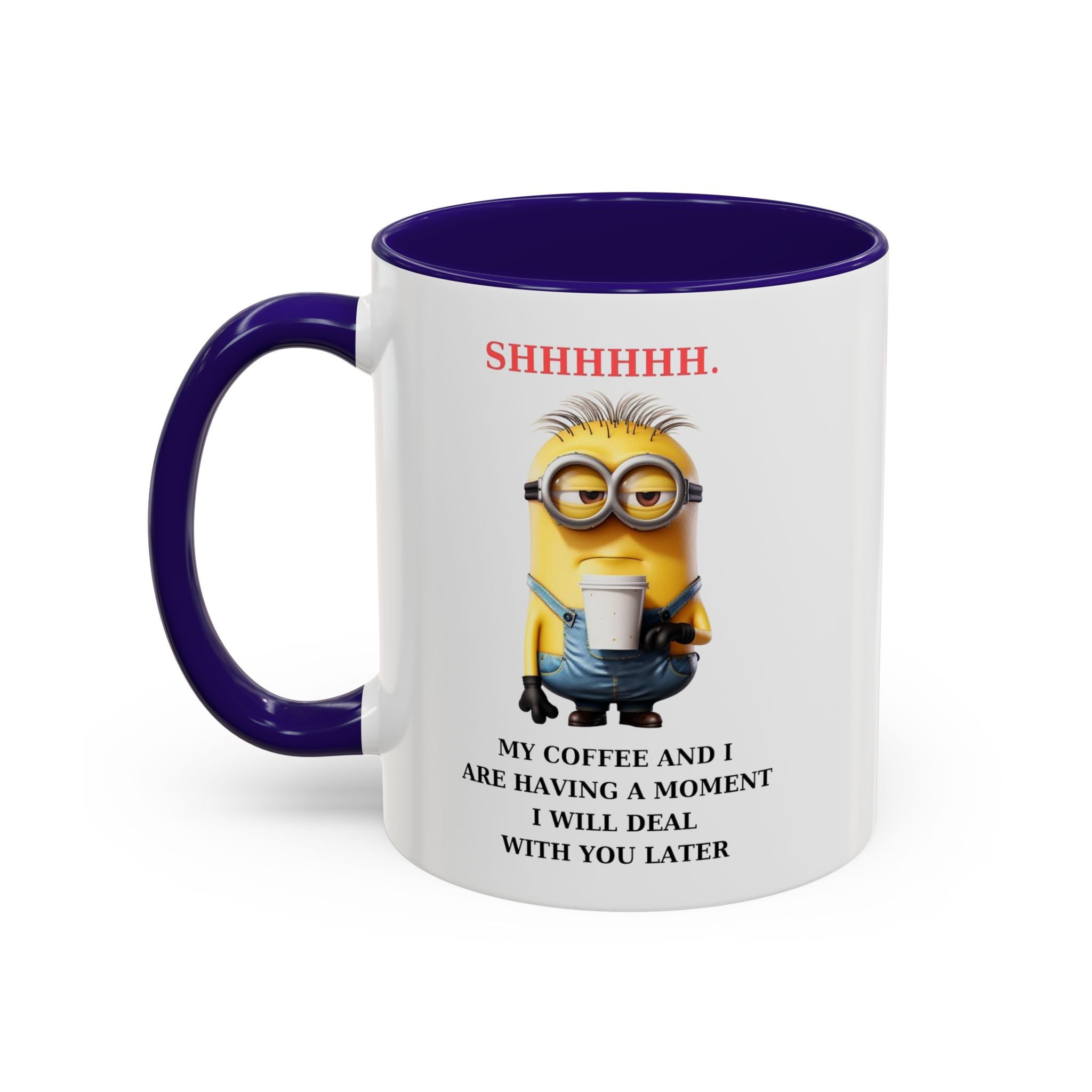 Funny Minion SHHHHHHH Two-Tone Coffee Mug, Novelty Cup, Cute Gift for Introverts, Office Humor, Sarcastic Statement, 11oz, Gift for Minion