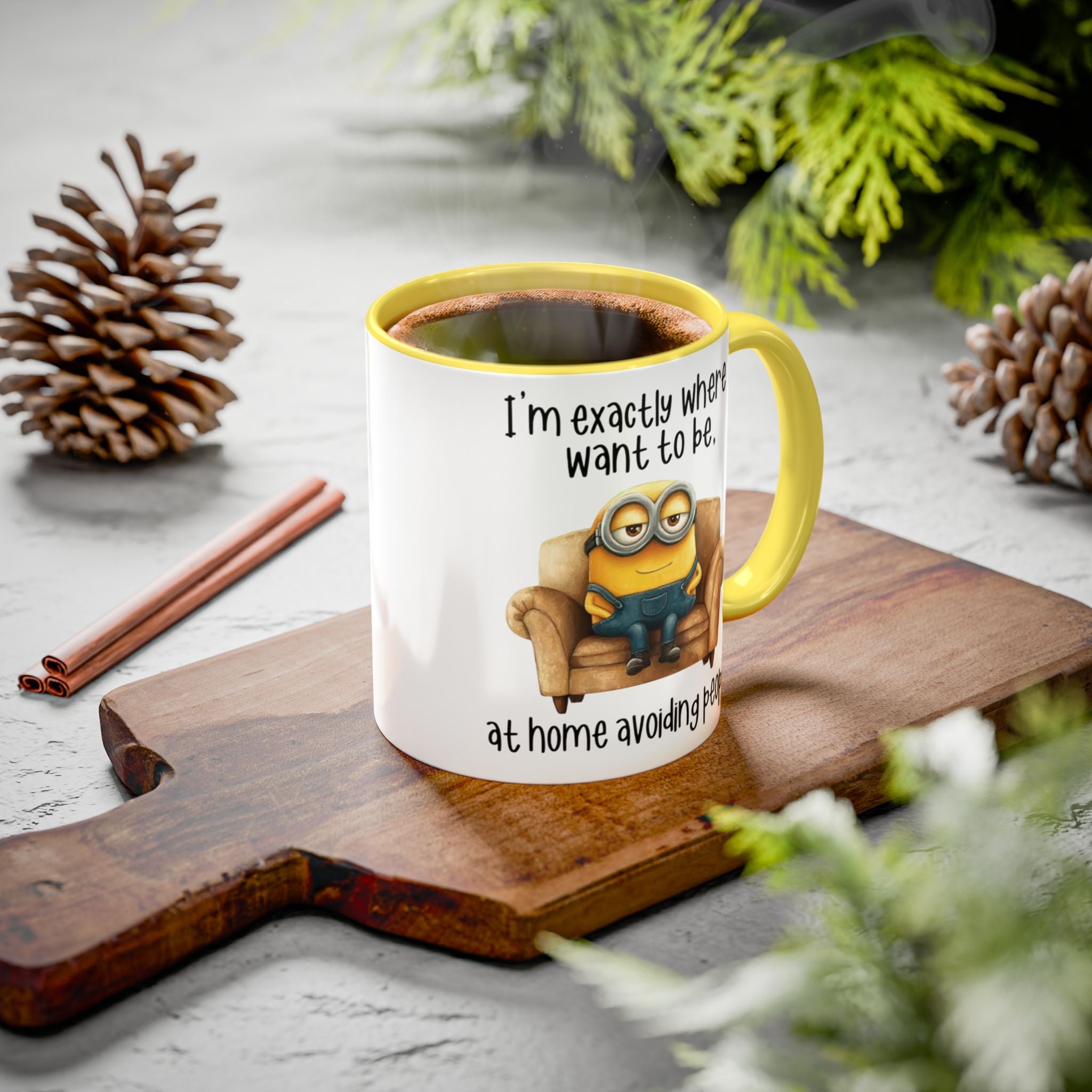 Funny Minion Two-Tone Coffee Mug, 11oz - I'm exactly where i want to be At home avoiding people, Novelty Ceramic Tea Cup, Unique Gift Idea