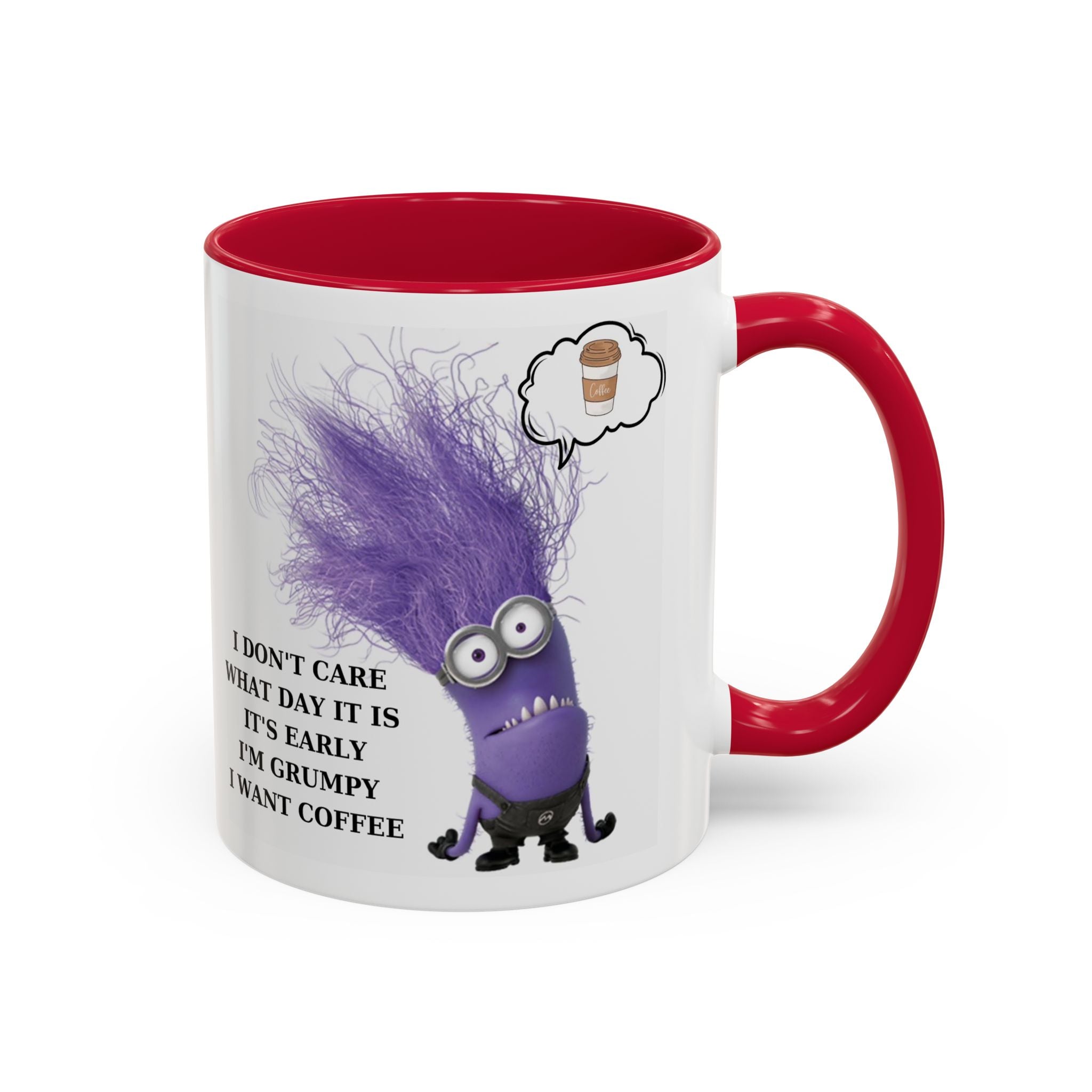 Funny Minion Two-Tone Coffee Mug, 11oz - I Don't Care What Day It Is, Funny Coffee Lover Gift, Grumpy Mug, Office Humor, Sarcastic Mug, Gift