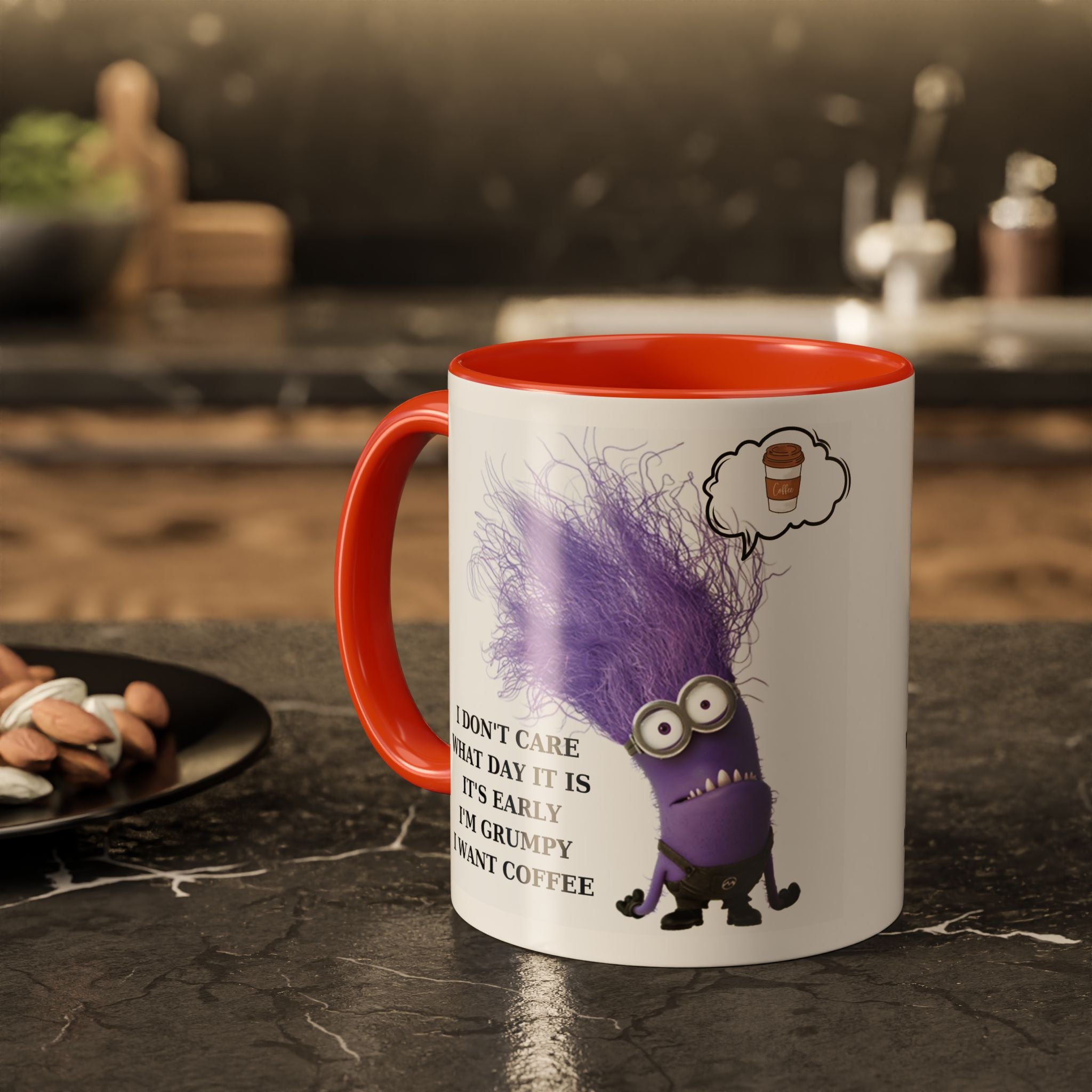 Funny Minion Two-Tone Coffee Mug, 11oz - I Don't Care What Day It Is, Funny Coffee Lover Gift, Grumpy Mug, Office Humor, Sarcastic Mug, Gift