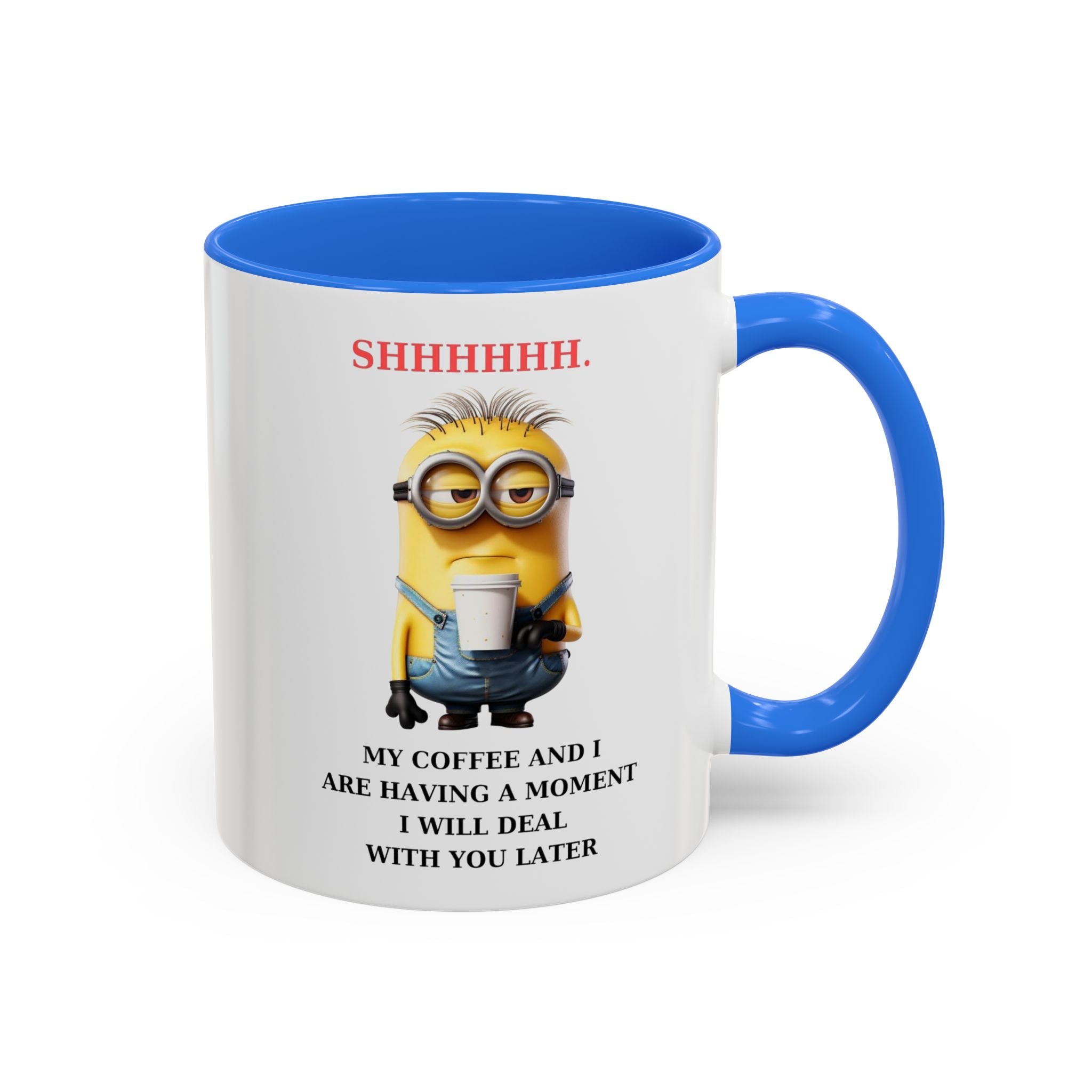Funny Minion SHHHHHHH Two-Tone Coffee Mug, Novelty Cup, Cute Gift for Introverts, Office Humor, Sarcastic Statement, 11oz, Gift for Minion