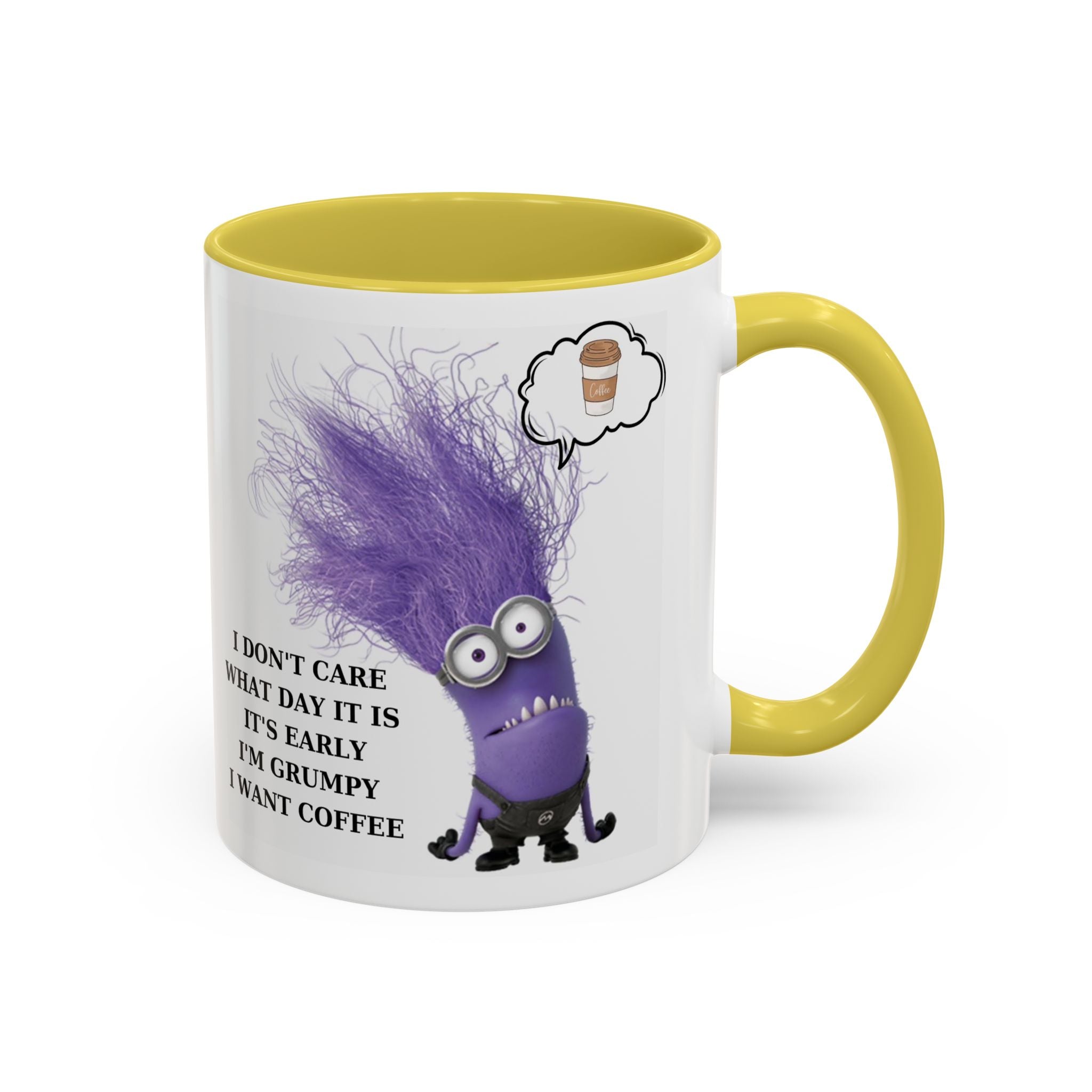Funny Minion Two-Tone Coffee Mug, 11oz - I Don't Care What Day It Is, Funny Coffee Lover Gift, Grumpy Mug, Office Humor, Sarcastic Mug, Gift